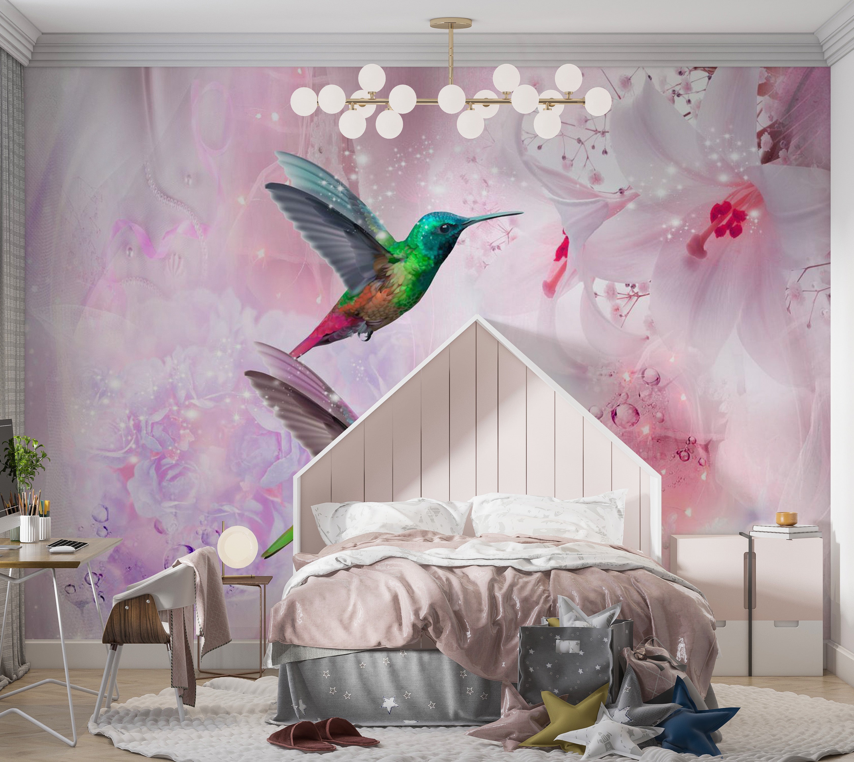 Animal Wallpaper Wall Mural - Colourful Hummingbirds Purple 39"Wx27"H