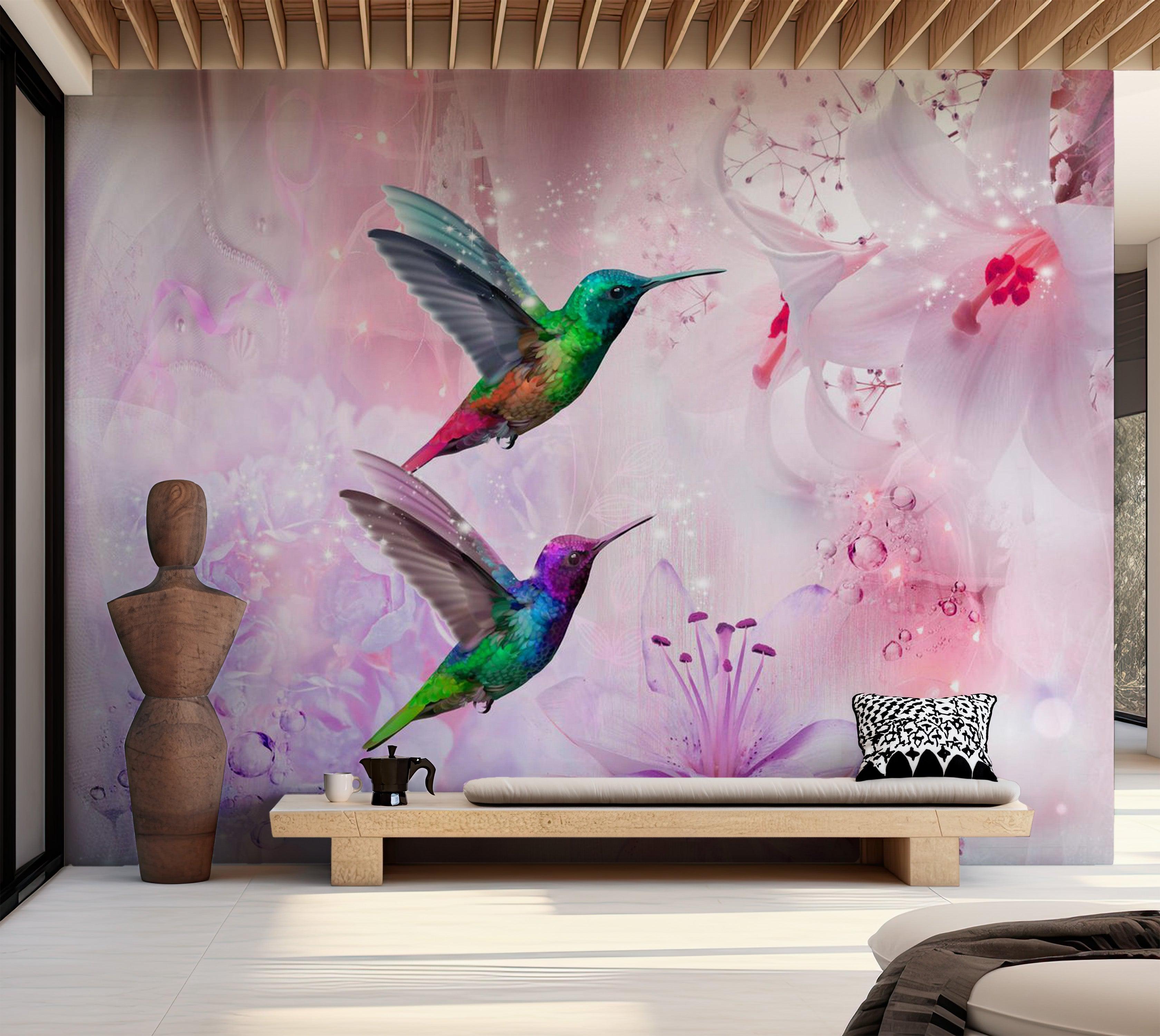 Animal Wallpaper Wall Mural - Colourful Hummingbirds Purple