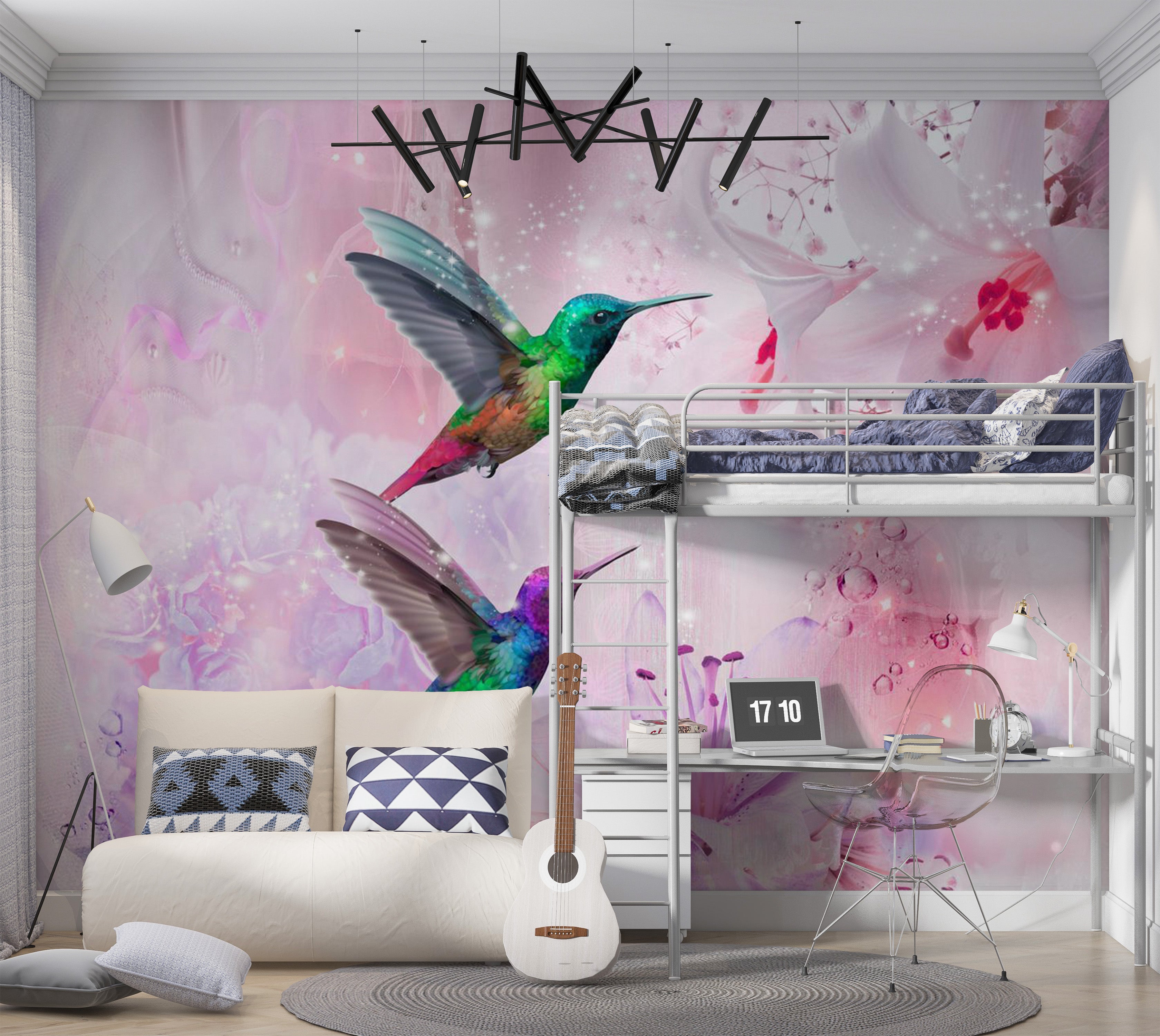 Animal Wallpaper Wall Mural - Colourful Hummingbirds Purple 39"Wx27"H