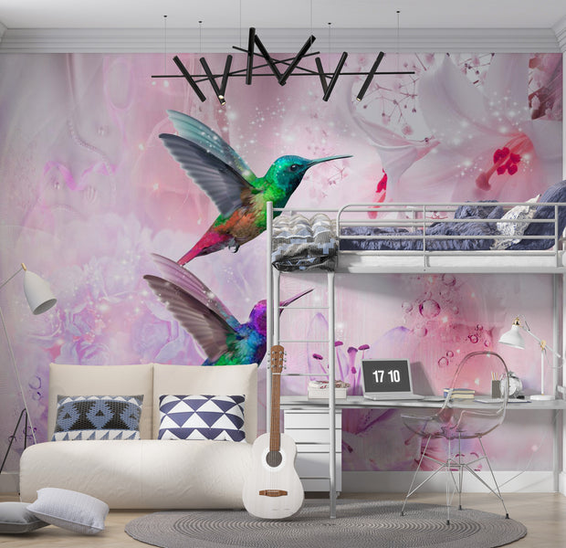 Animal Wallpaper Wall Mural - Colourful Hummingbirds Purple 39"Wx27"H