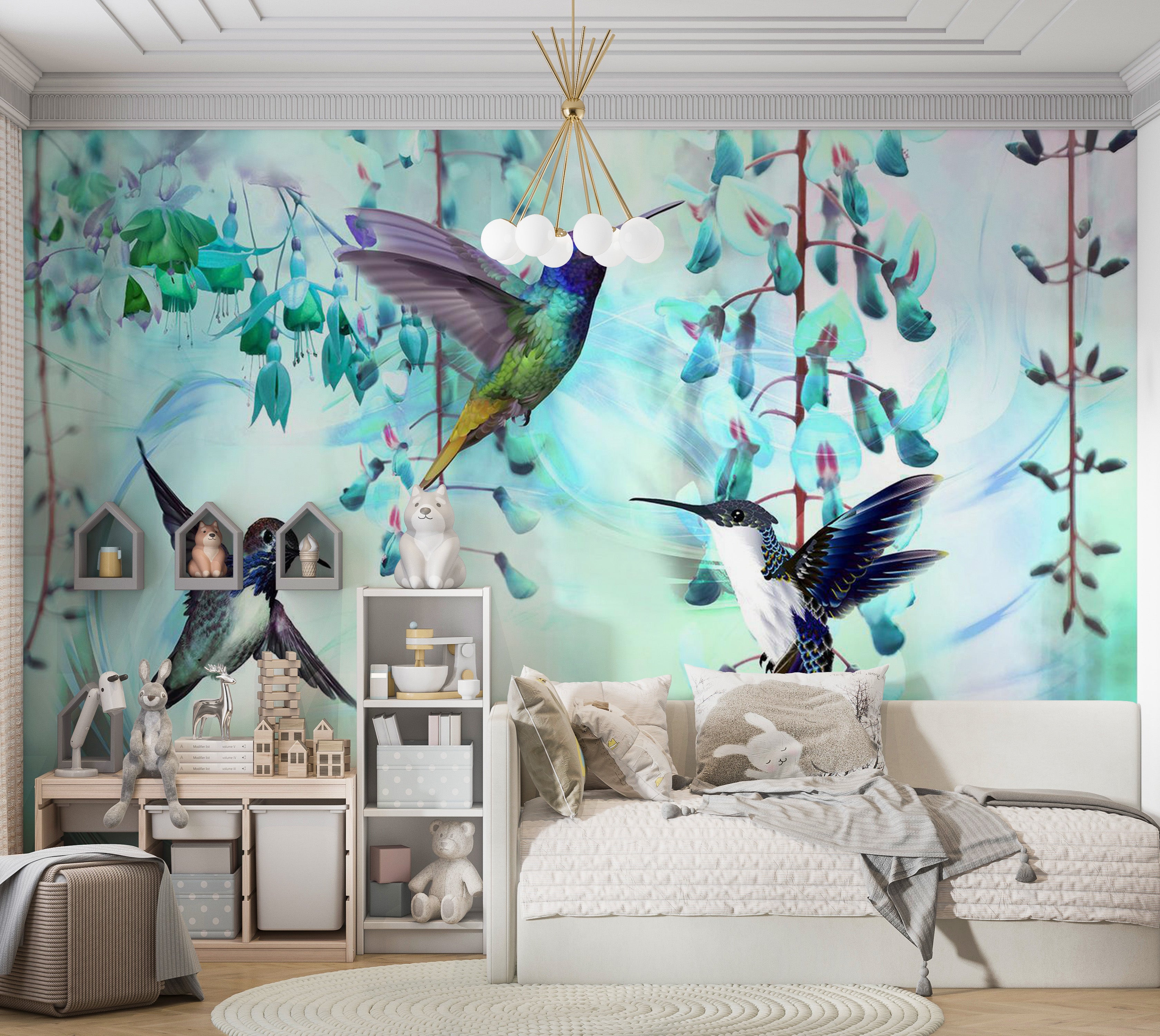 Animal Wallpaper Wall Mural - Flying Hummingbirds Green 39"Wx27"H