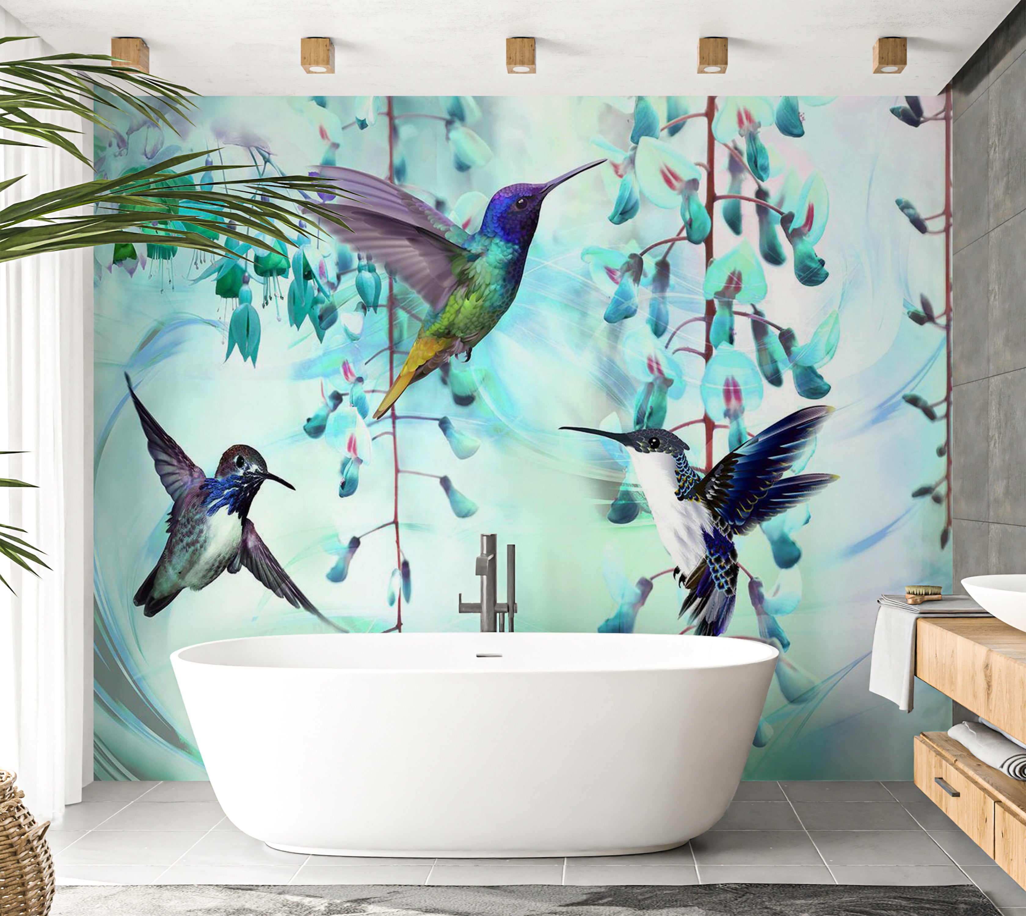 Animal Wallpaper Wall Mural - Flying Hummingbirds Green 39"Wx27"H