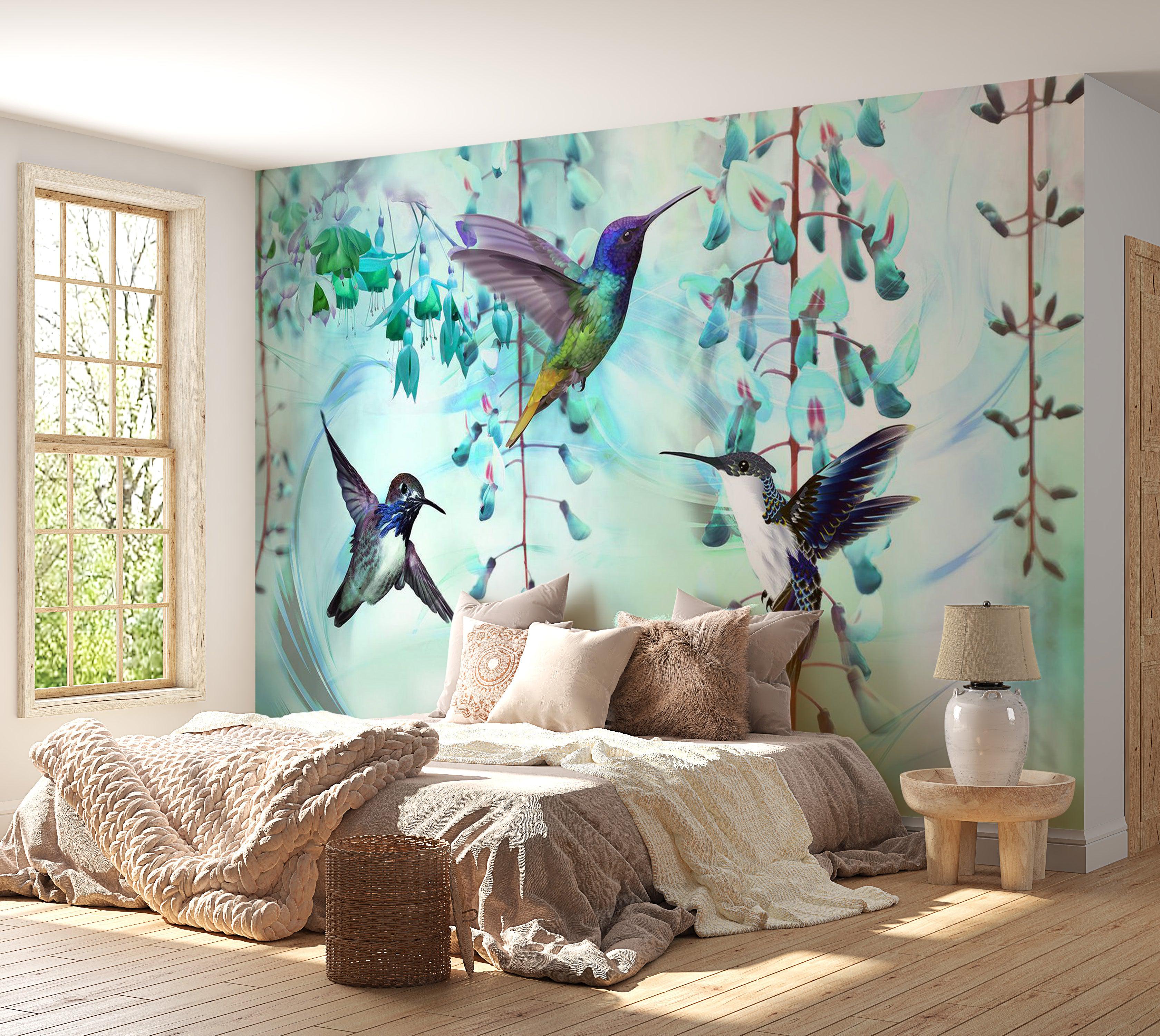 Animal Wallpaper Wall Mural - Flying Hummingbirds Green