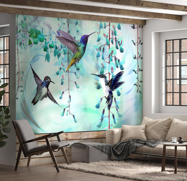 Animal Wallpaper Wall Mural - Flying Hummingbirds Green