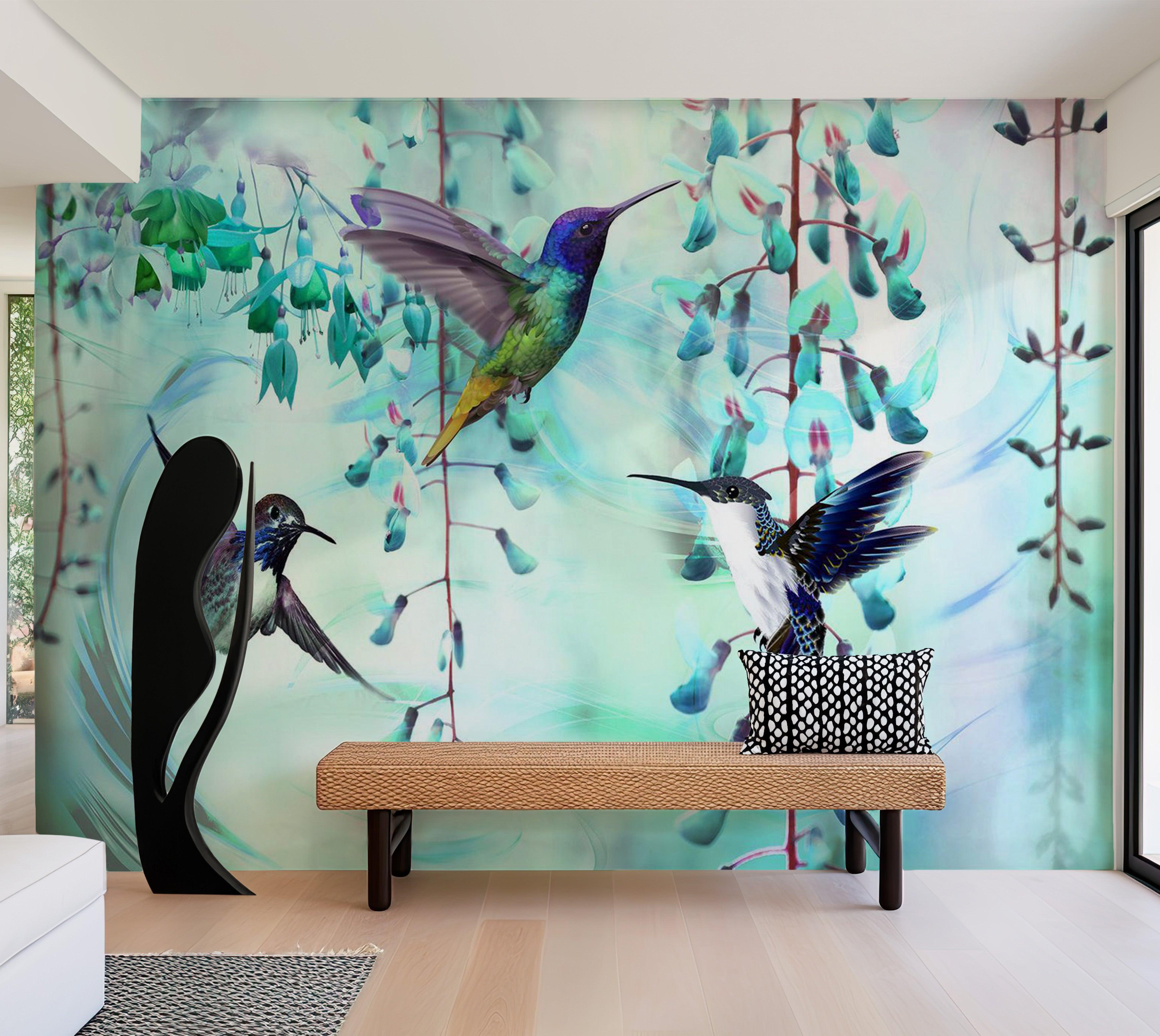 Animal Wallpaper Wall Mural - Flying Hummingbirds Green