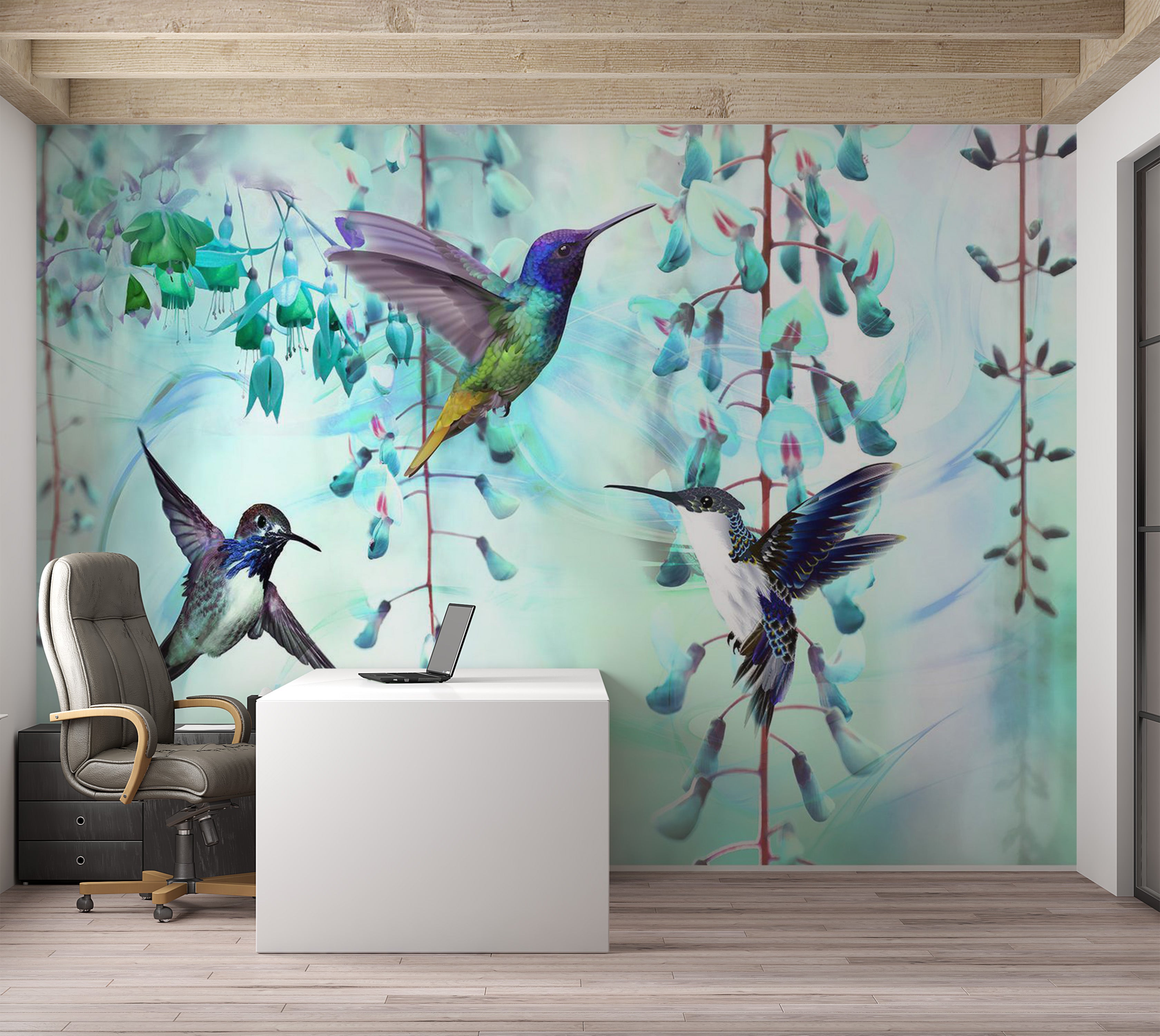 Animal Wallpaper Wall Mural - Flying Hummingbirds Green 39"Wx27"H