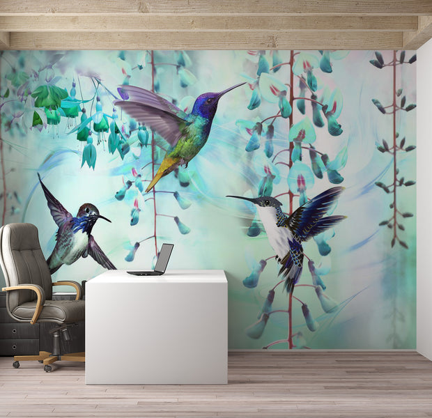 Animal Wallpaper Wall Mural - Flying Hummingbirds Green 39"Wx27"H