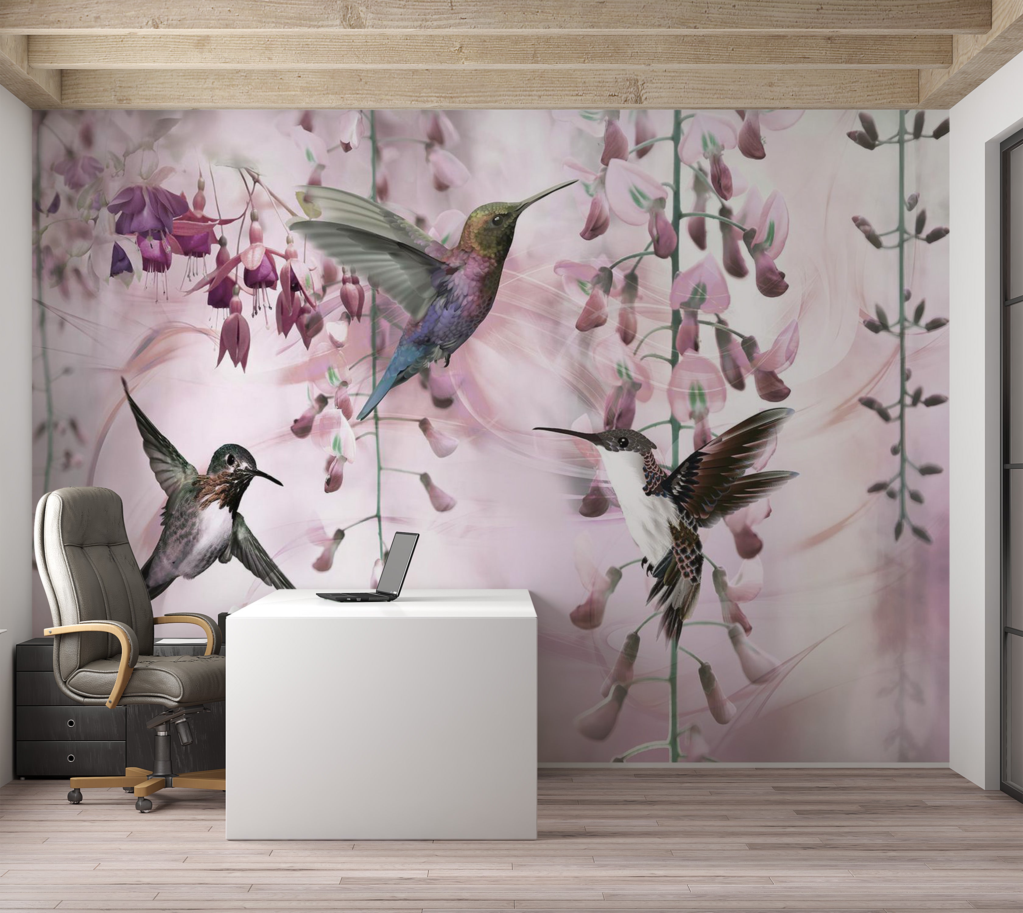 Animal Wallpaper Wall Mural - Flying Hummingbirds Pink 39"Wx27"H