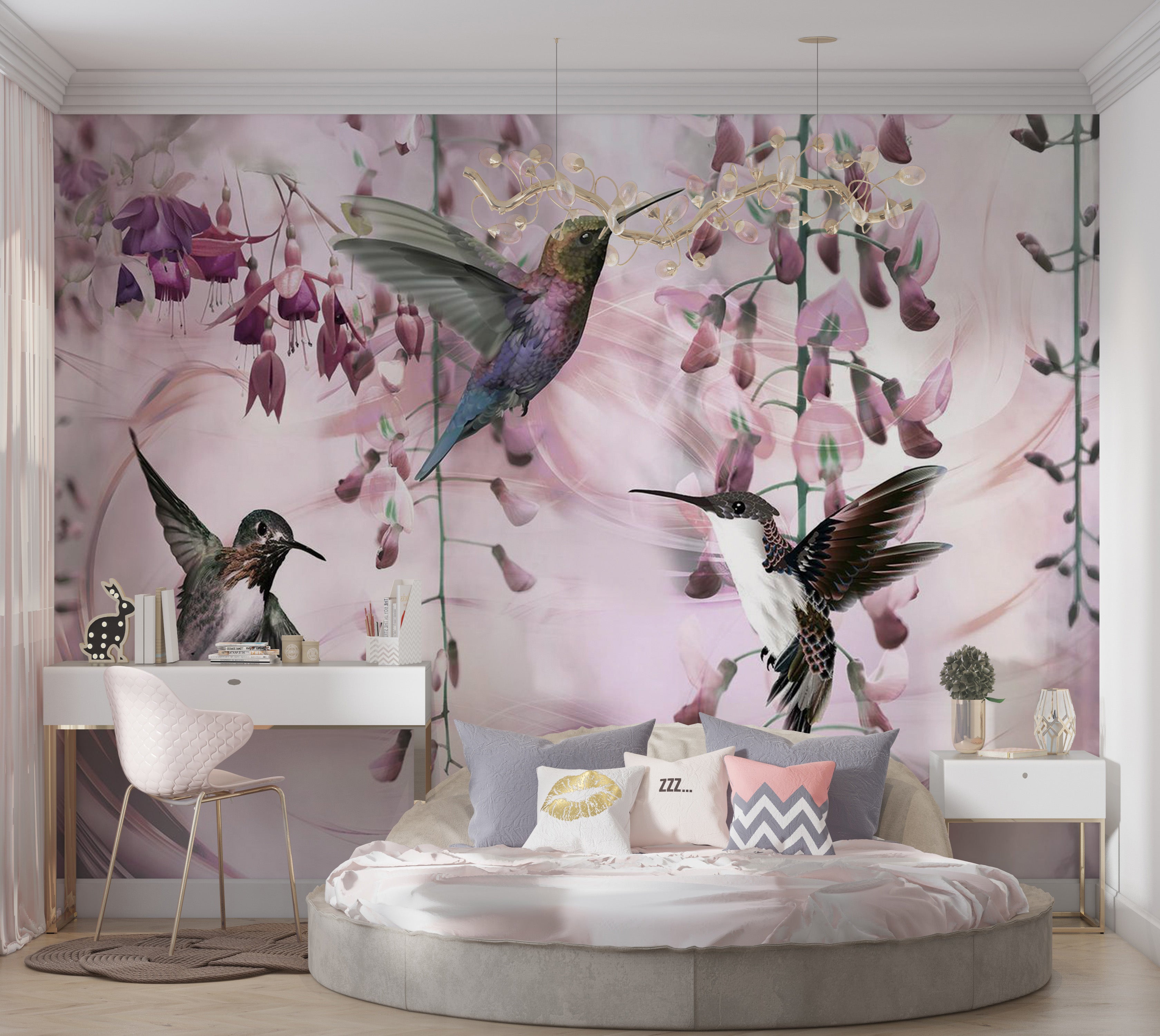 Animal Wallpaper Wall Mural - Flying Hummingbirds Pink 39"Wx27"H