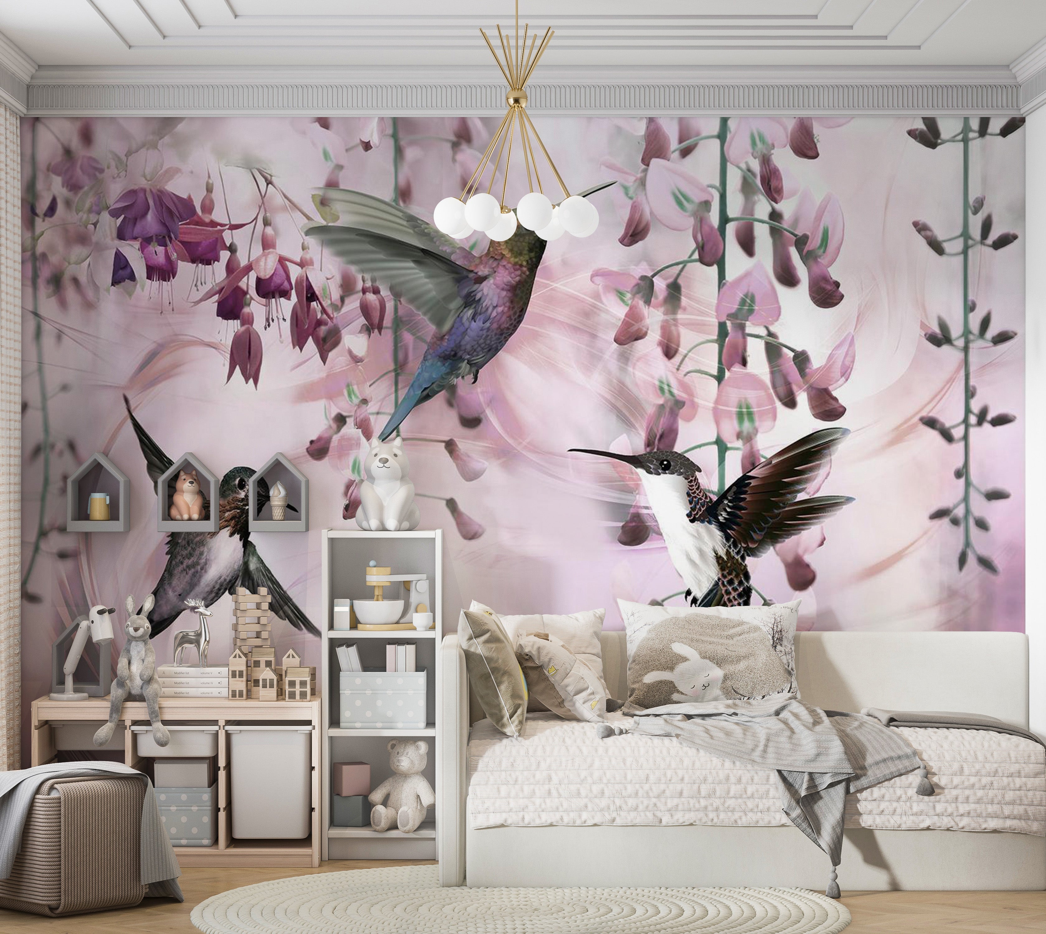 Animal Wallpaper Wall Mural - Flying Hummingbirds Pink 39"Wx27"H