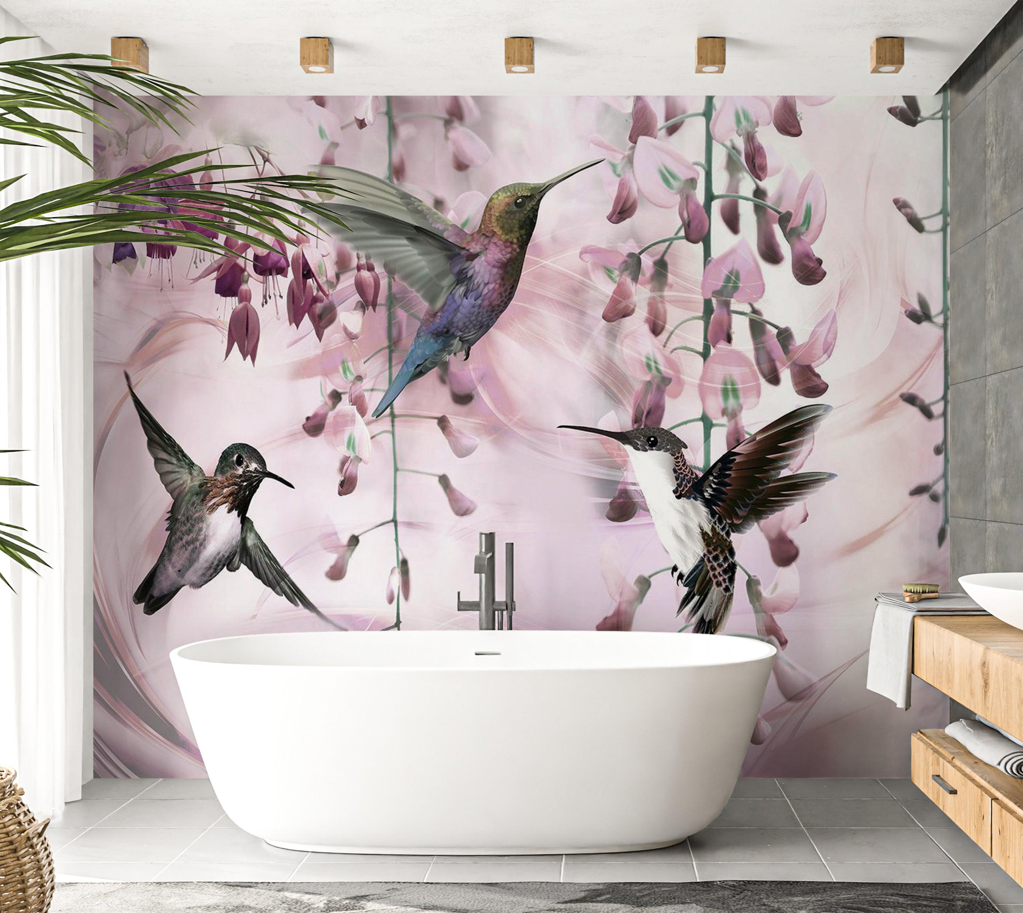 Animal Wallpaper Wall Mural - Flying Hummingbirds Pink