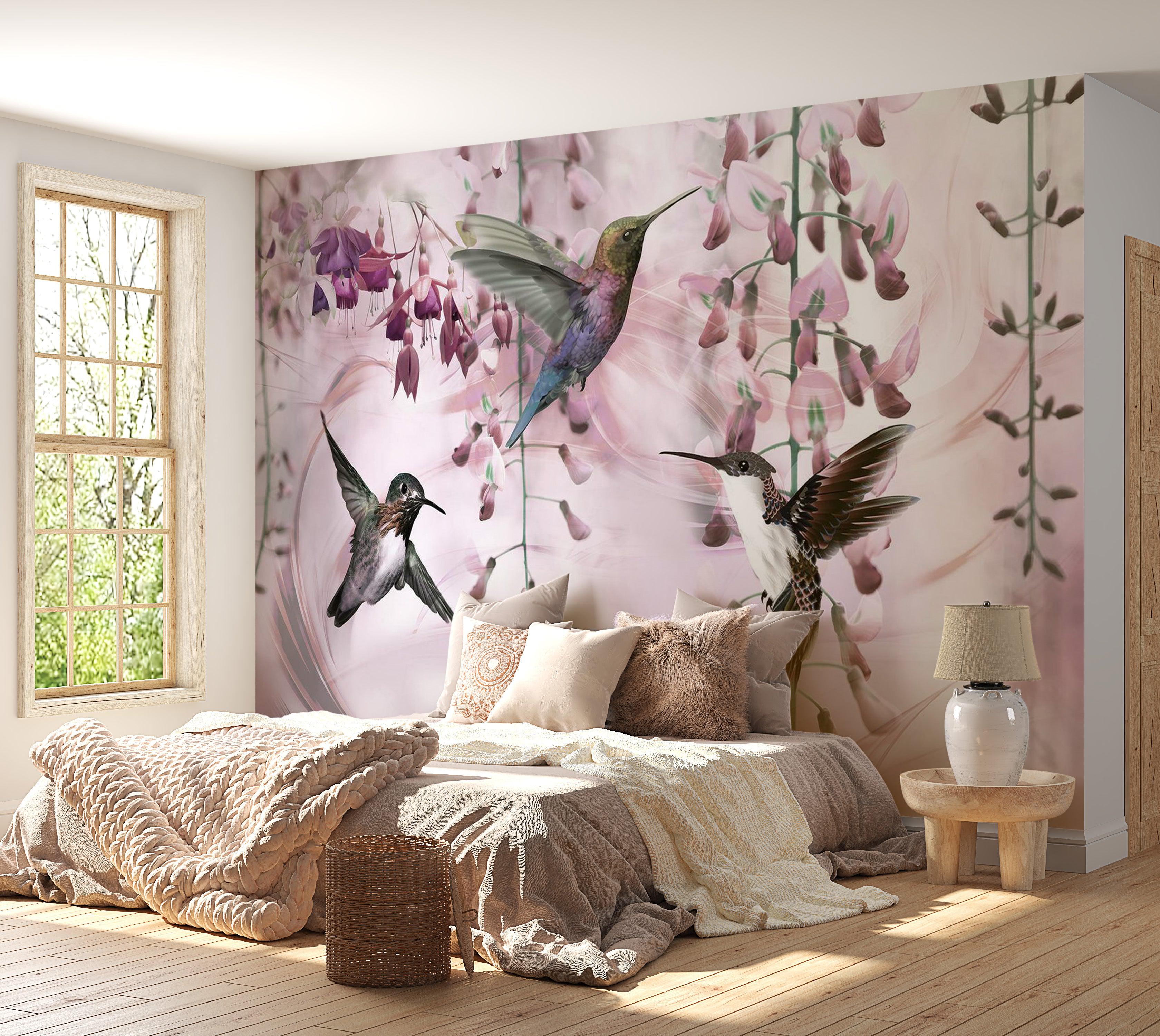 Animal Wallpaper Wall Mural - Flying Hummingbirds Pink