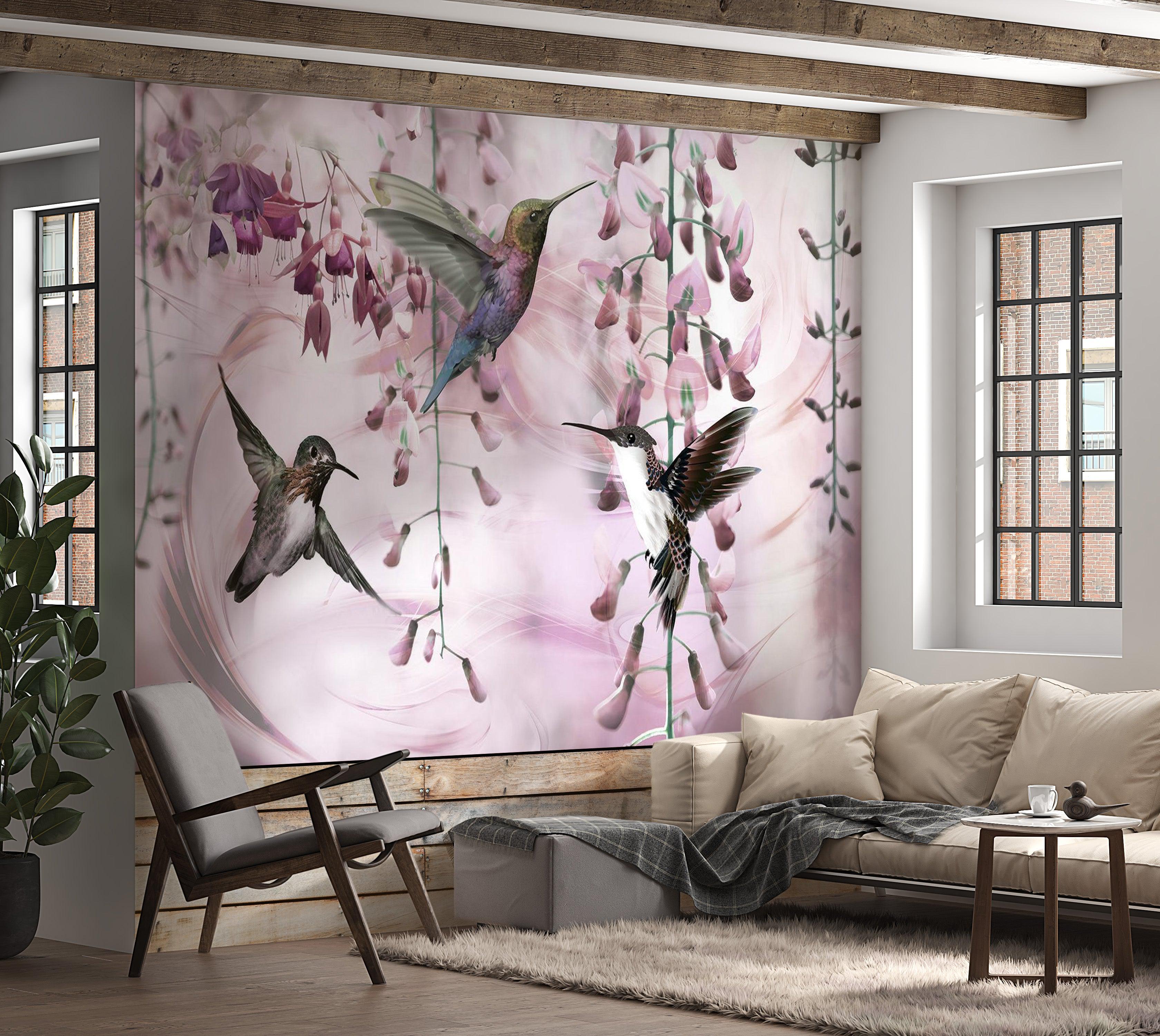 Animal Wallpaper Wall Mural - Flying Hummingbirds Pink