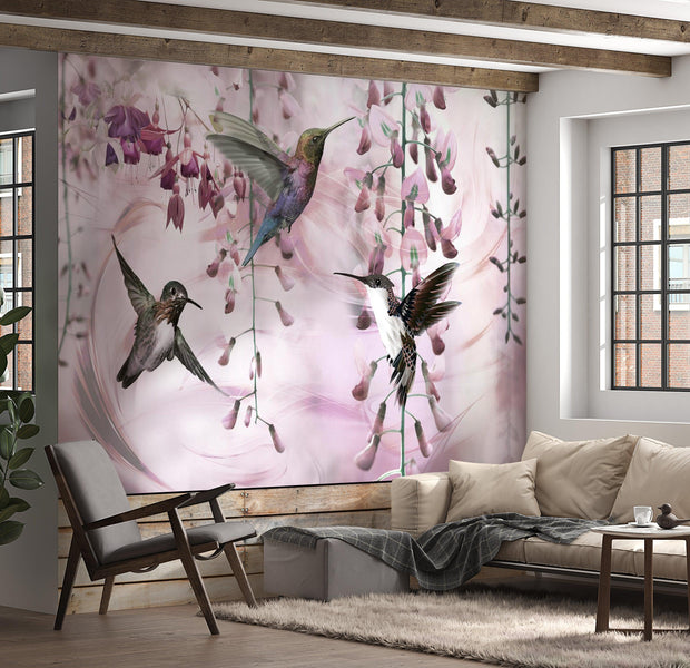 Animal Wallpaper Wall Mural - Flying Hummingbirds Pink