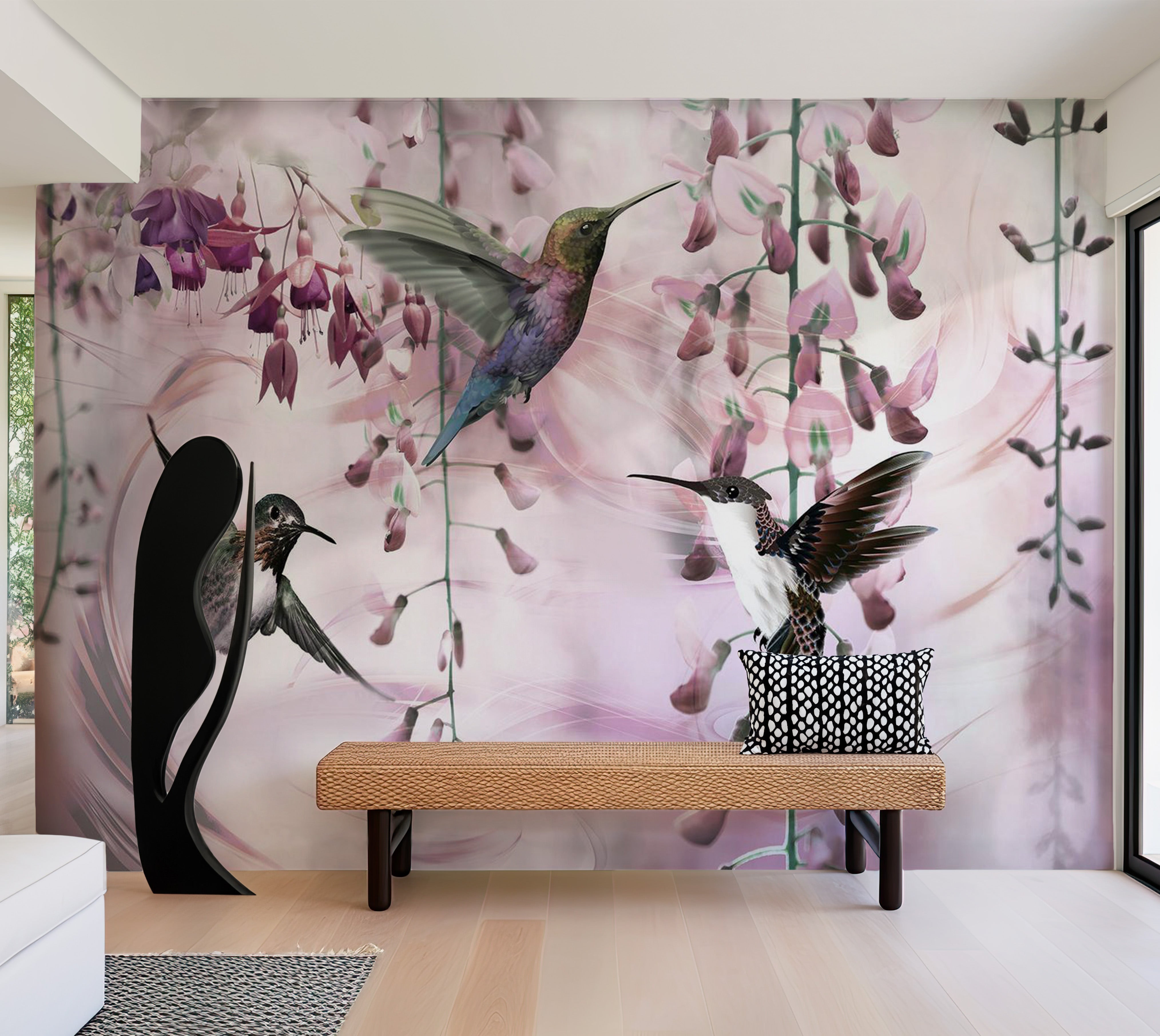 Animal Wallpaper Wall Mural - Flying Hummingbirds Pink 39"Wx27"H