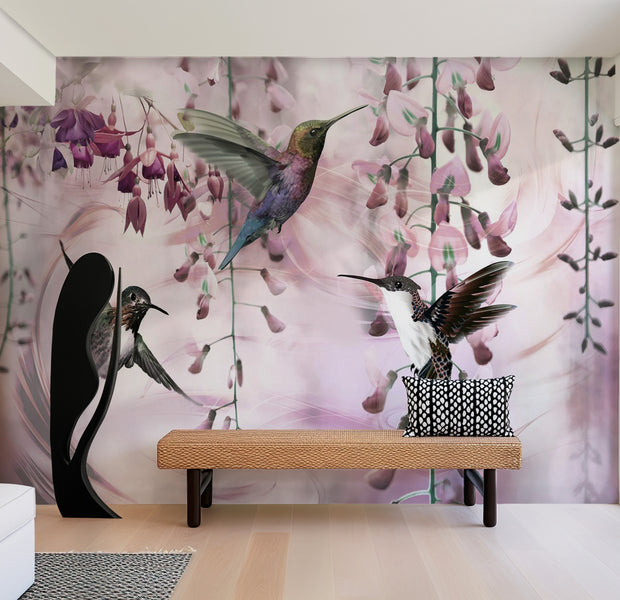 Animal Wallpaper Wall Mural - Flying Hummingbirds Pink 39"Wx27"H