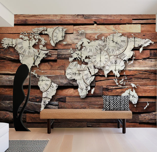 World Map Wallpaper Wall Mural - Map On Wood 39"Wx27"H