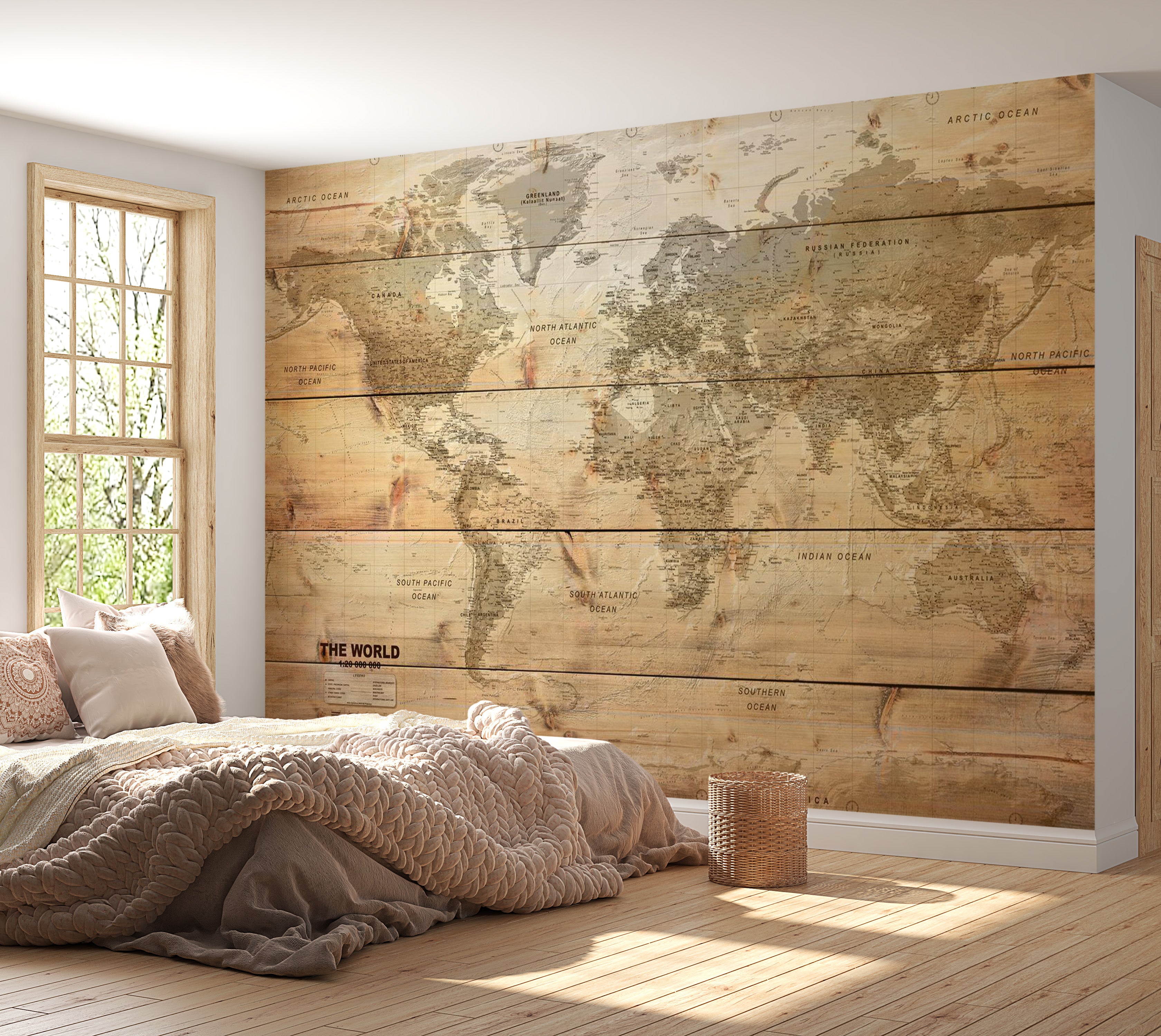 World Map Wallpaper Wall Mural - Map On Boards 39"Wx27"H