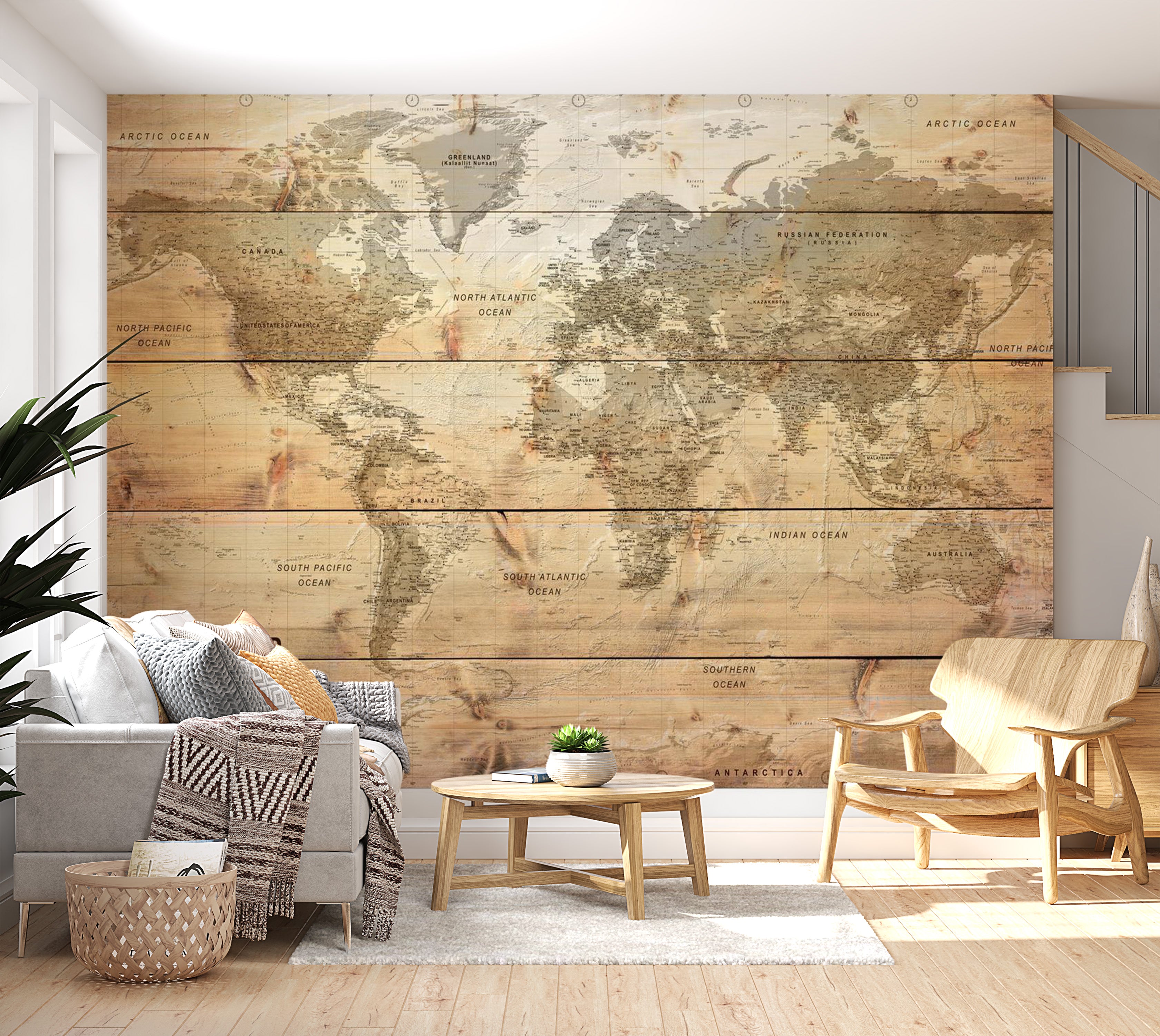 World Map Wallpaper Wall Mural - Map On Boards 39"Wx27"H