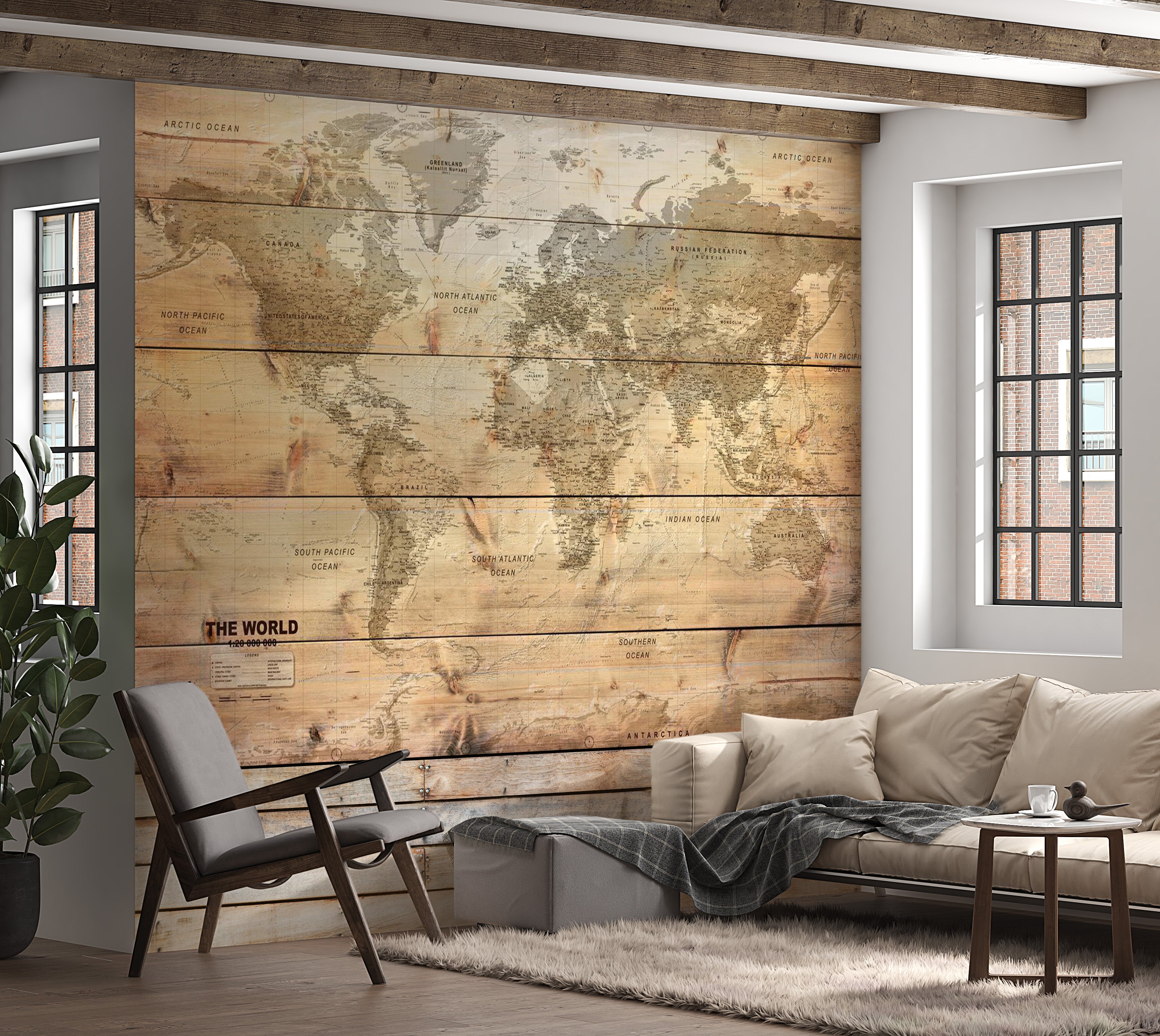 World Map Wallpaper Wall Mural - Map On Boards 39"Wx27"H