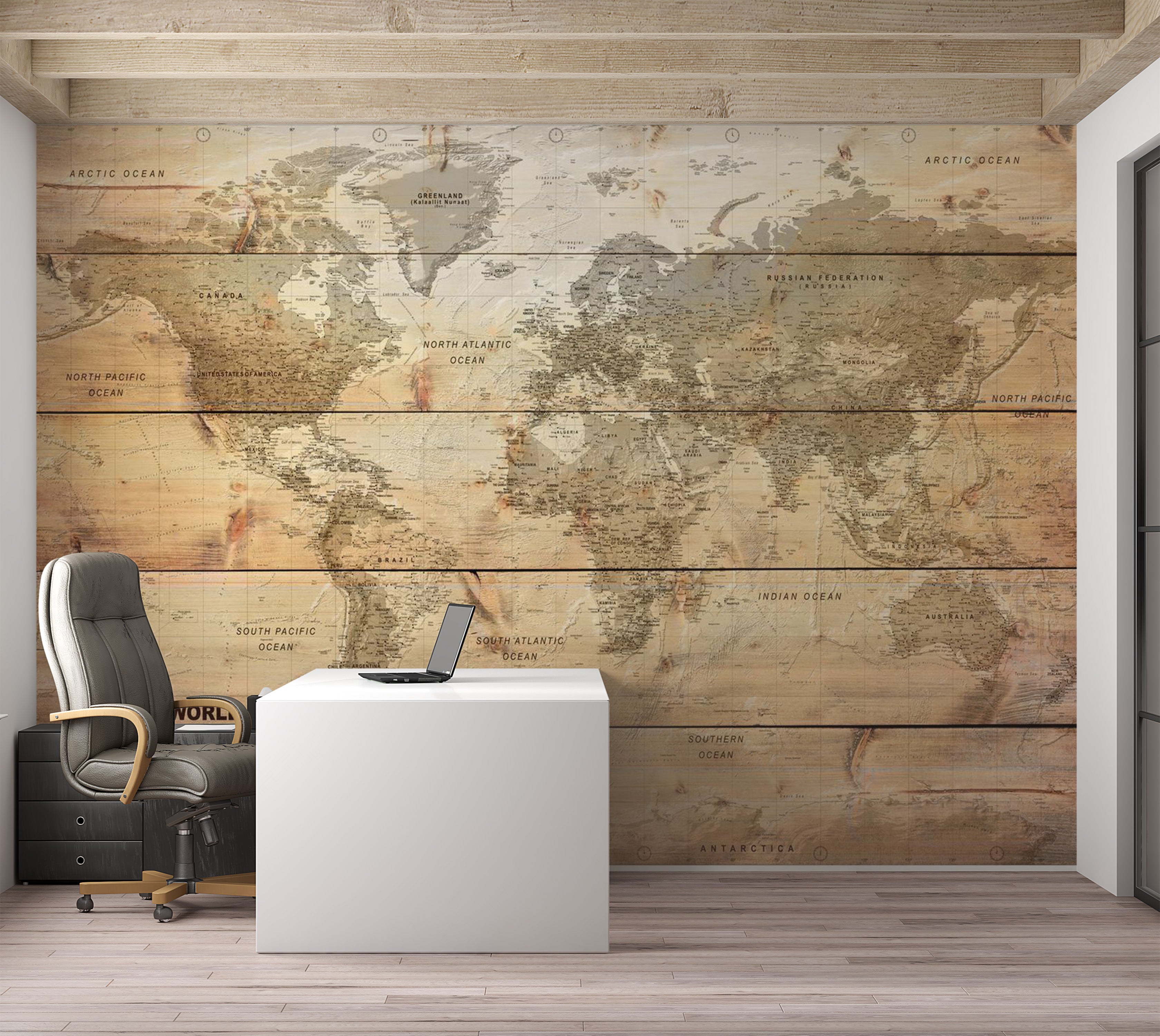 World Map Wallpaper Wall Mural - Map On Boards 39"Wx27"H