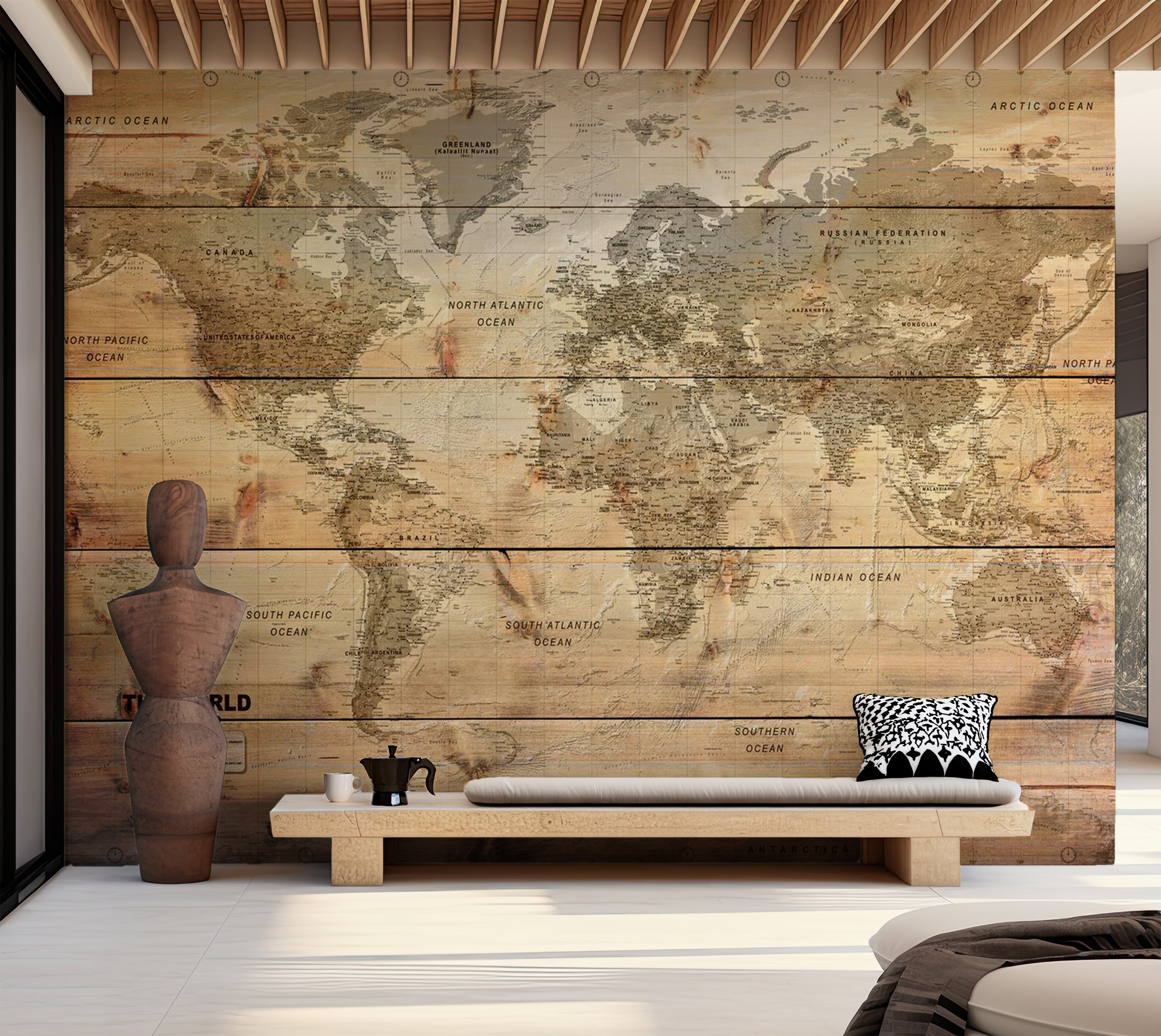 World Map Wallpaper Wall Mural - Map On Boards 39"Wx27"H