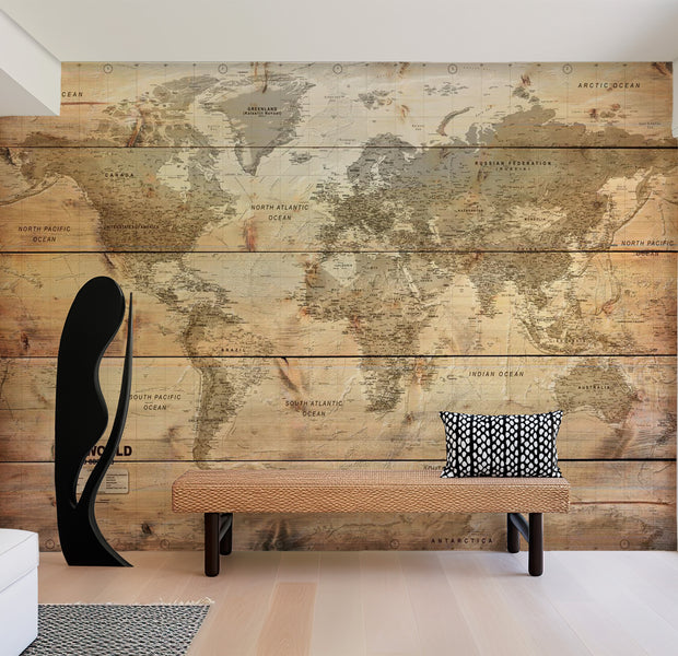 World Map Wallpaper Wall Mural - Map On Boards 39"Wx27"H