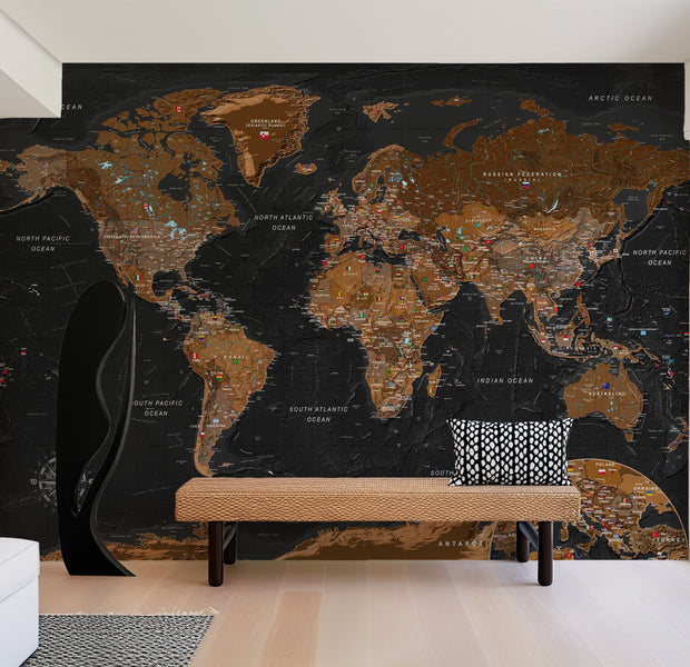 World Map Wallpaper Wall Mural - Geographic Elevation Map 39"Wx27"H