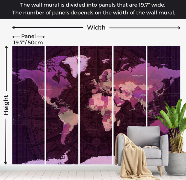 World Map Wallpaper Wall Mural - Map In Shades Of Purple