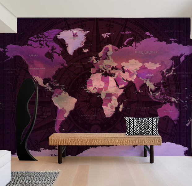 World Map Wallpaper Wall Mural - Map In Shades Of Purple 39"Wx27"H