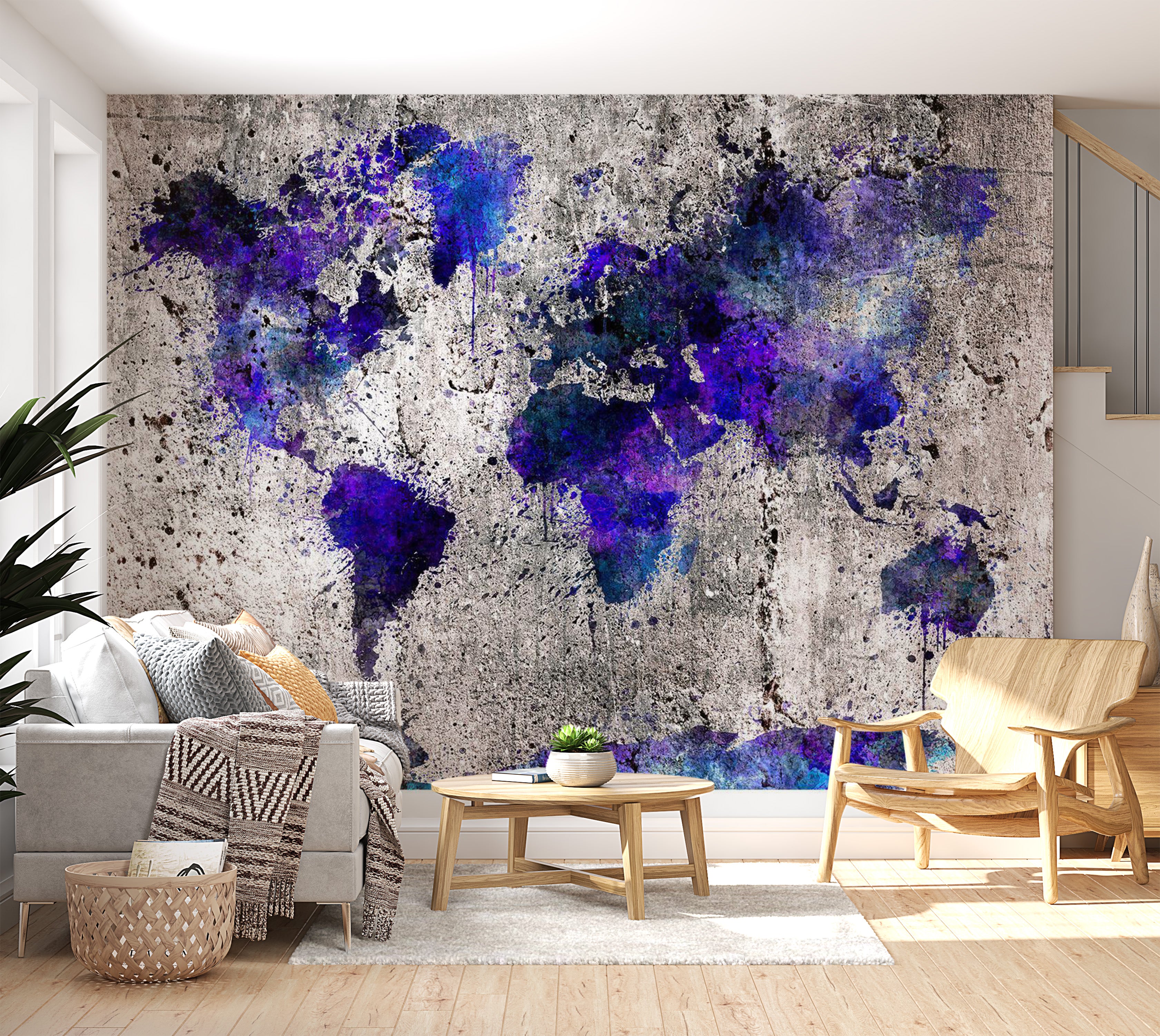 World Map Wallpaper Wall Mural - Map In Blue Inks 39"Wx27"H