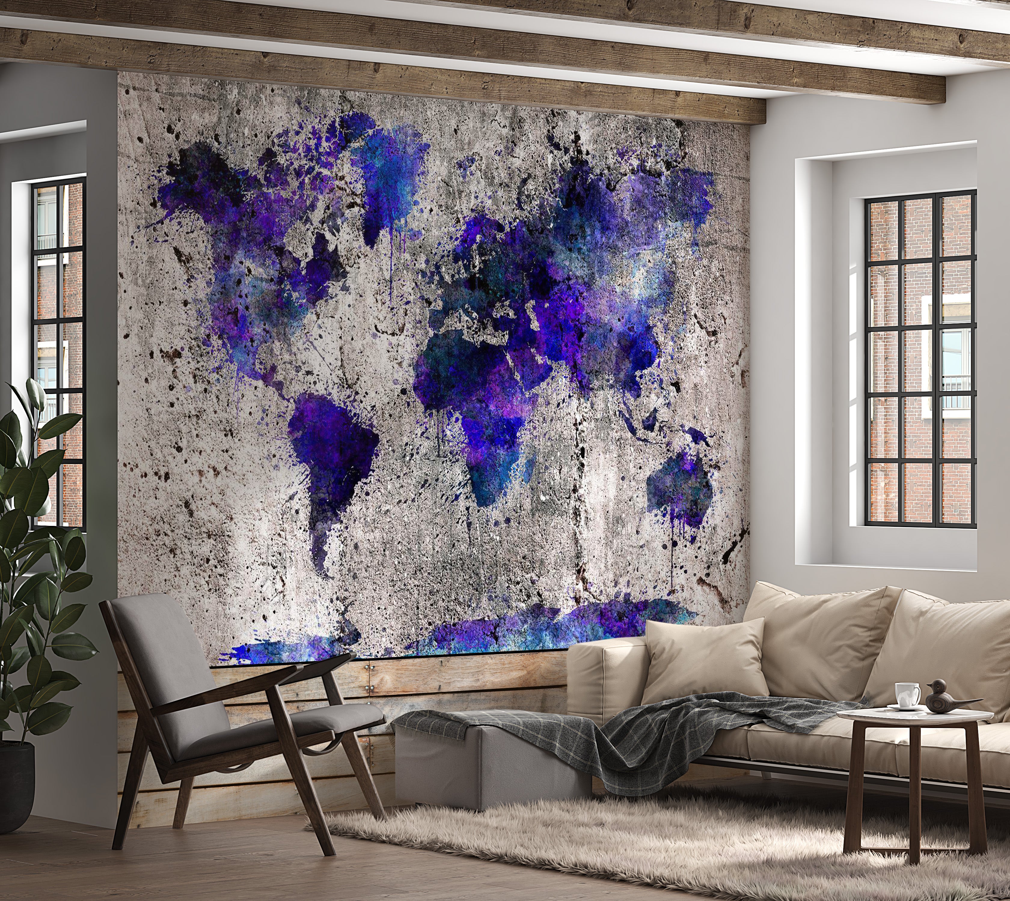 World Map Wallpaper Wall Mural - Map In Blue Inks 39"Wx27"H