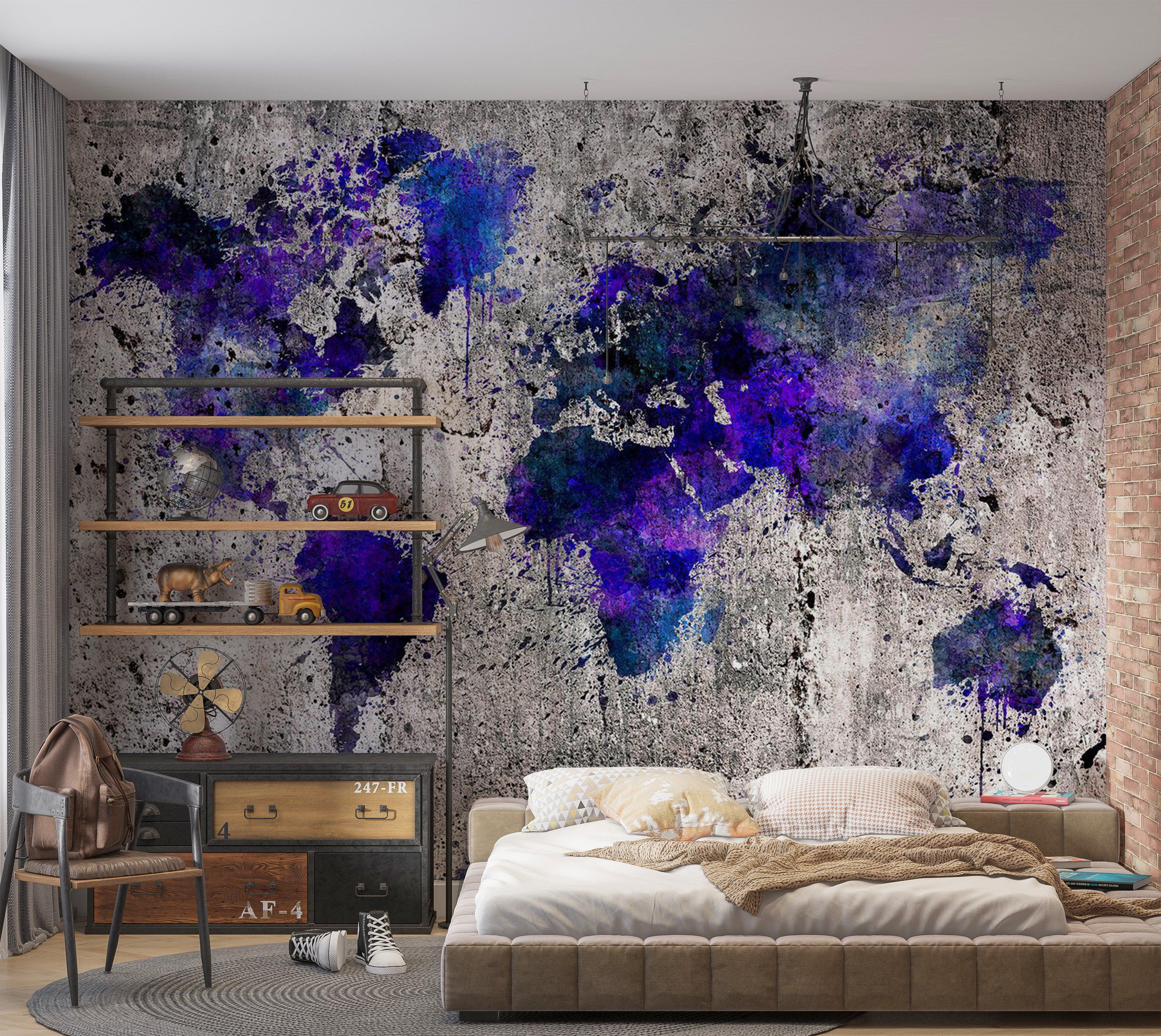 World Map Wallpaper Wall Mural - Map In Blue Inks