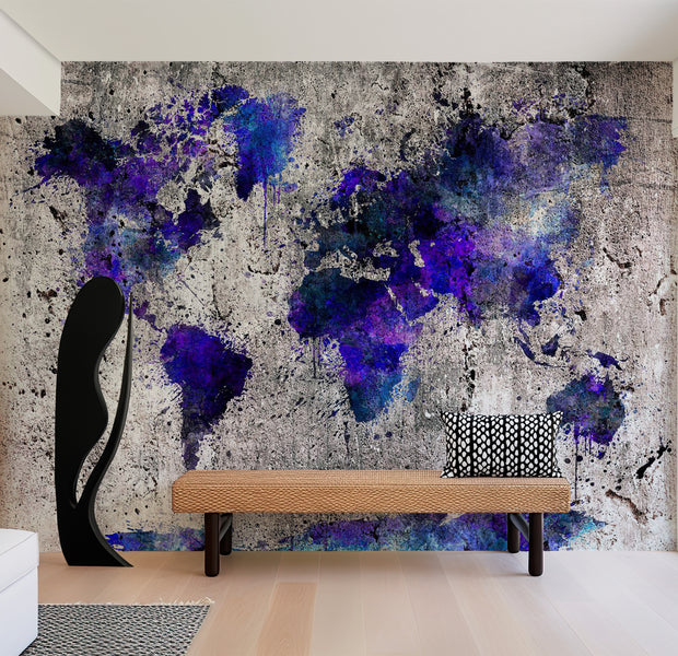 World Map Wallpaper Wall Mural - Map In Blue Inks 39"Wx27"H