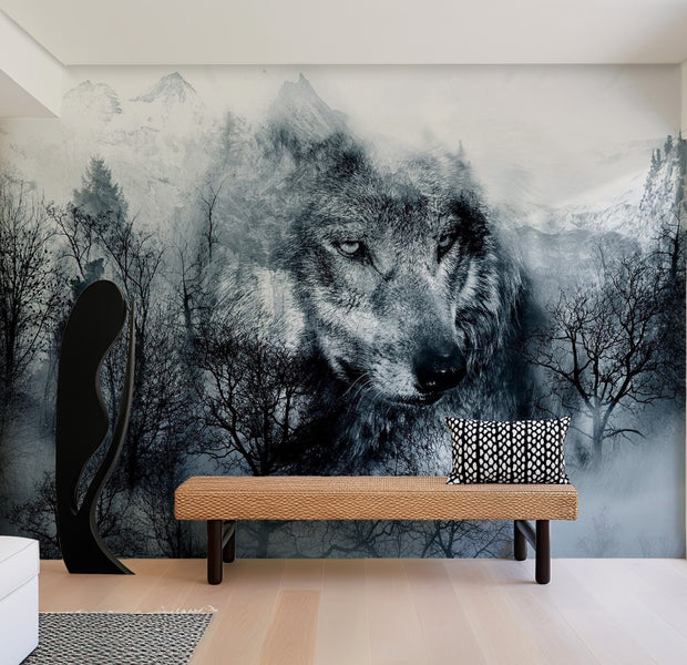 Animal Wallpaper Wall Mural - Mountain Predator Black And White 39"Wx27"H