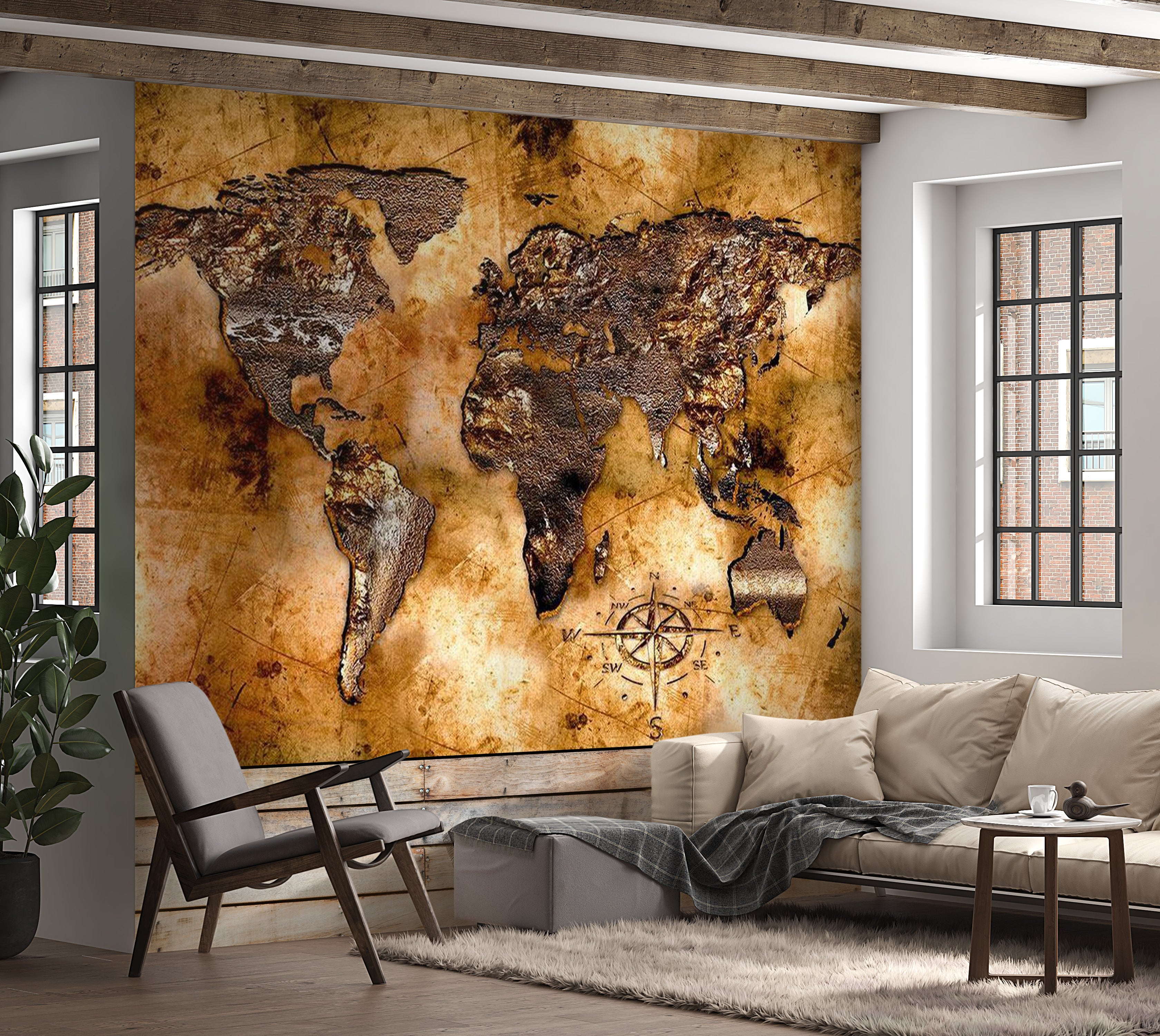 World Map Wallpaper Wall Mural - Map On Old Paper 01 39"Wx27"H