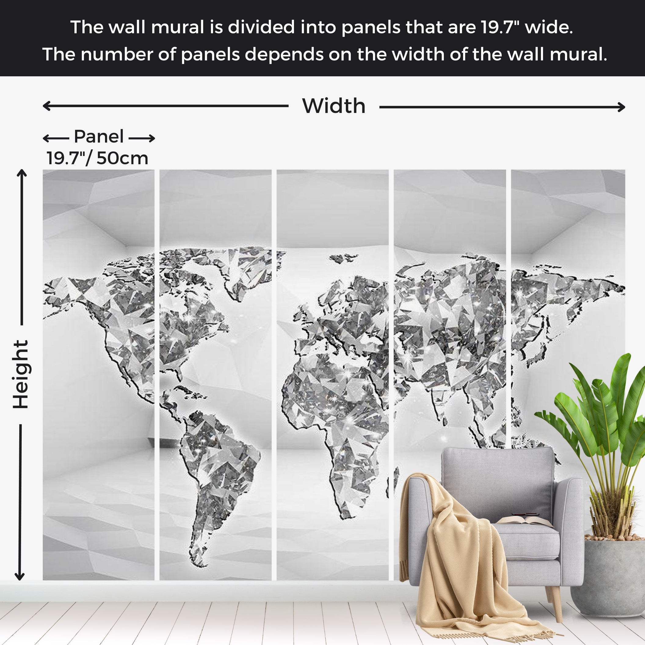 World Map Wallpaper Wall Mural - Diamond Map 39"Wx27"H