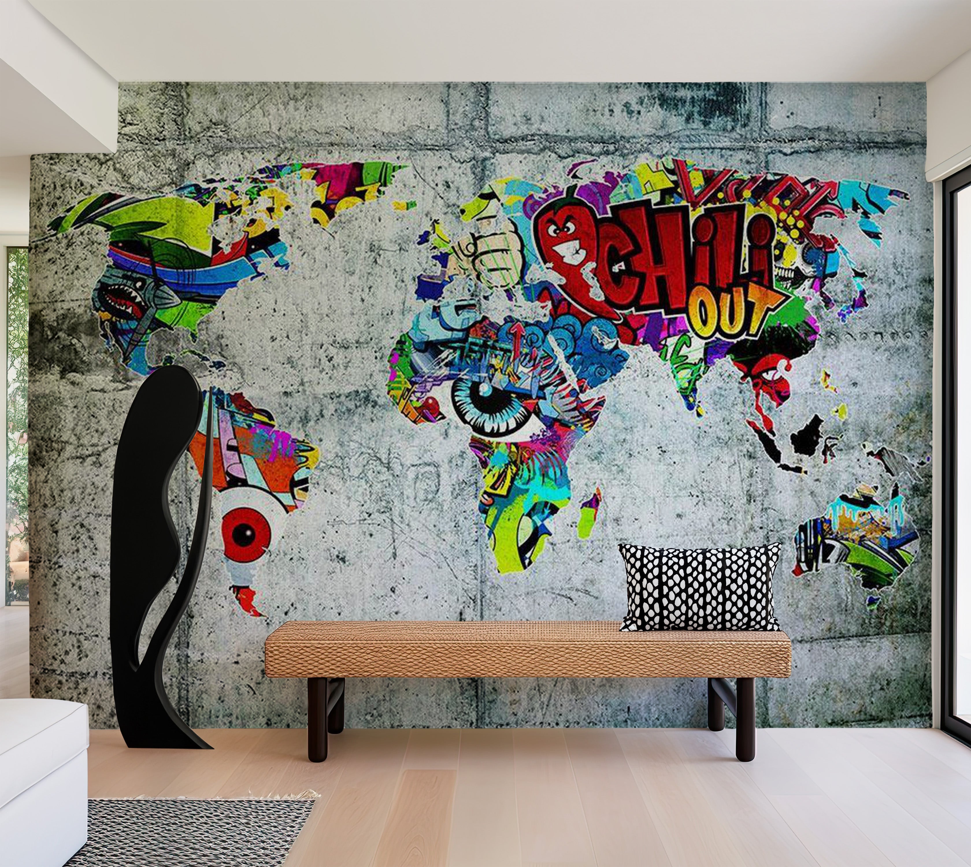 World Map Wallpaper Wall Mural - Map In Graffiti 39"Wx27"H