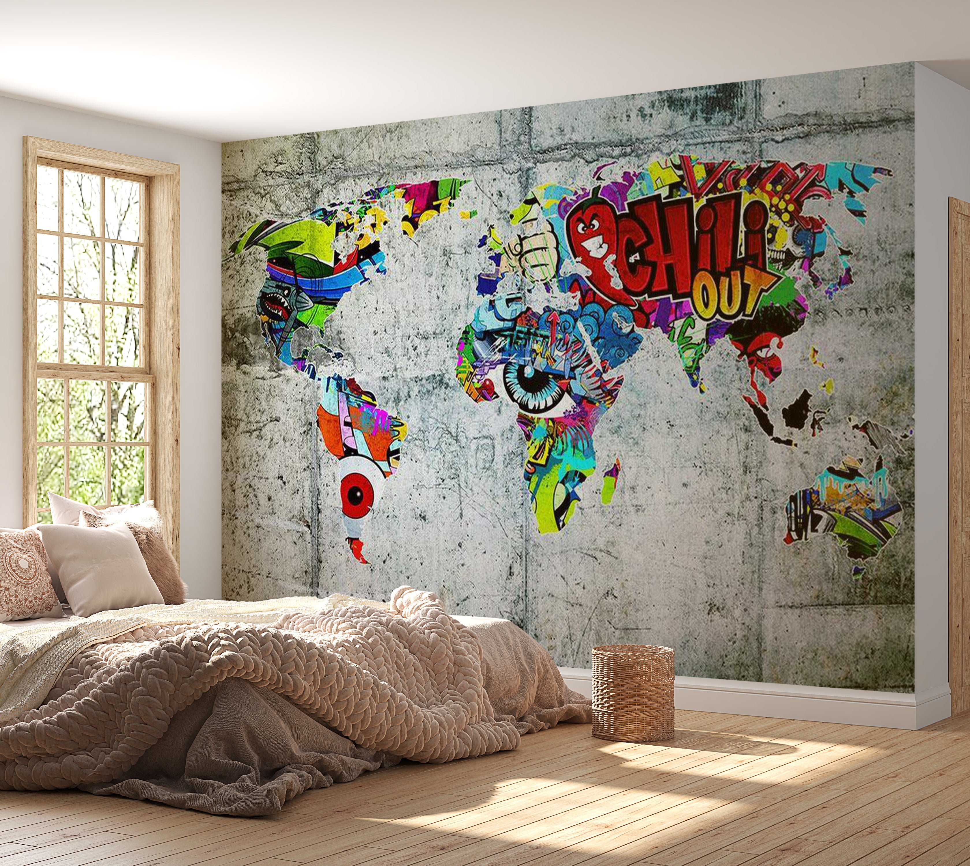 World Map Wallpaper Wall Mural - Map In Graffiti 39"Wx27"H