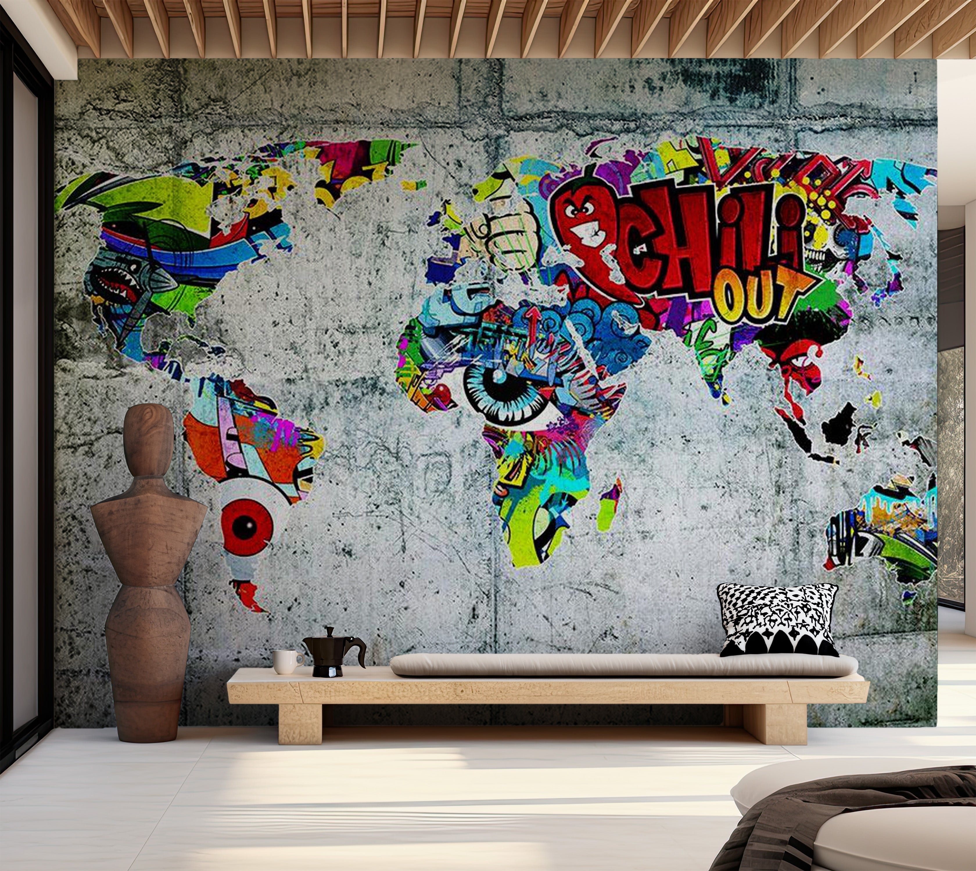 World Map Wallpaper Wall Mural - Map In Graffiti 39"Wx27"H