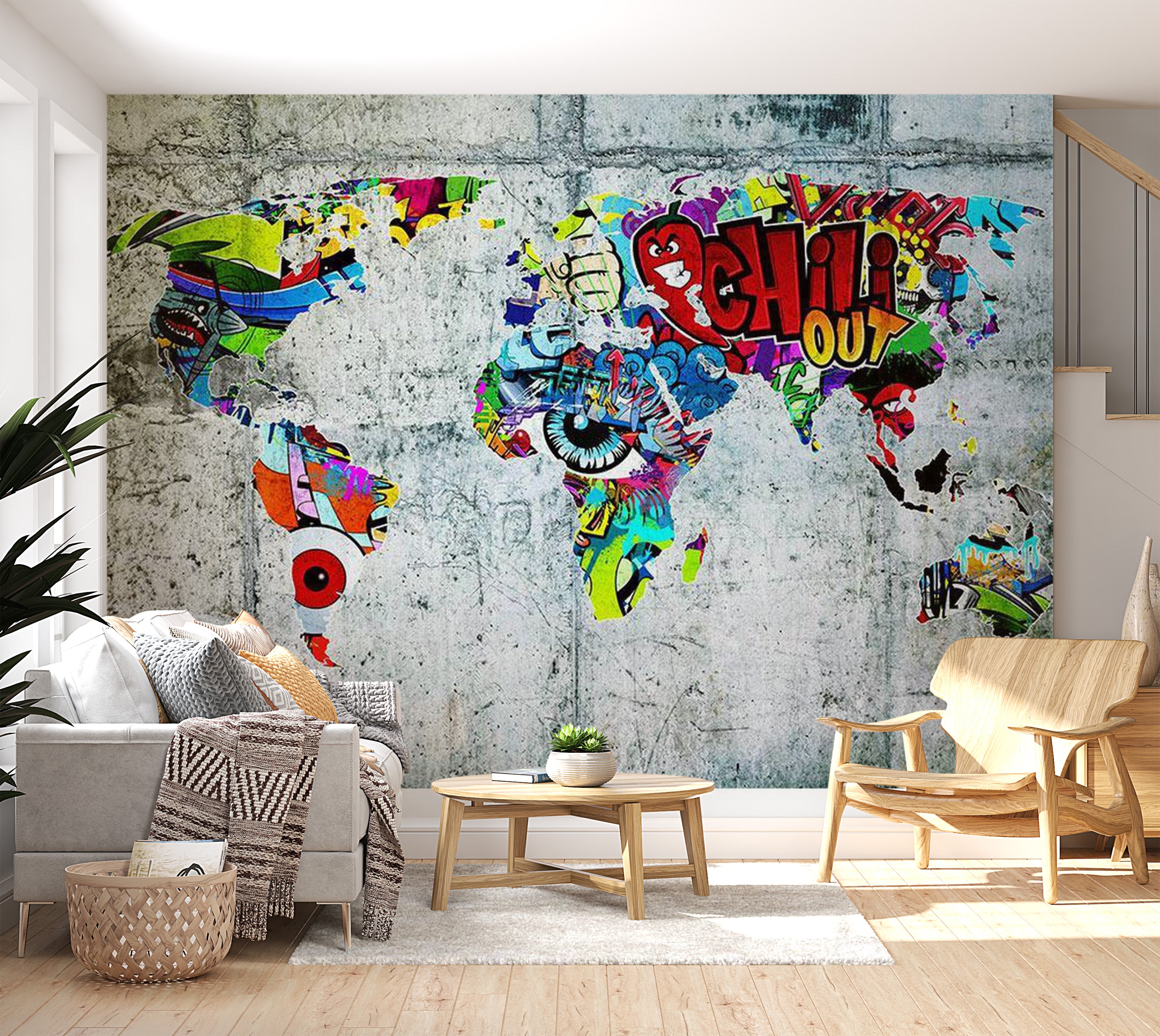 World Map Wallpaper Wall Mural - Map In Graffiti 39"Wx27"H