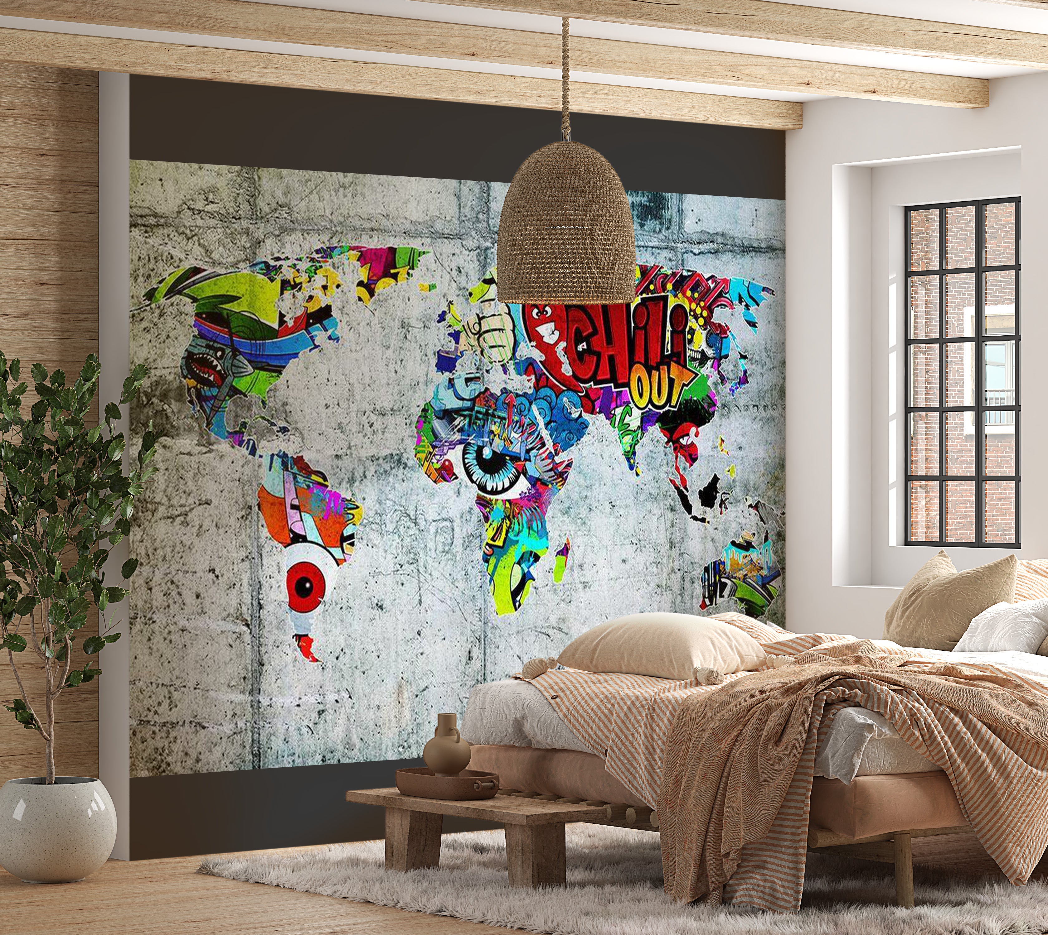 World Map Wallpaper Wall Mural - Map In Graffiti 39"Wx27"H