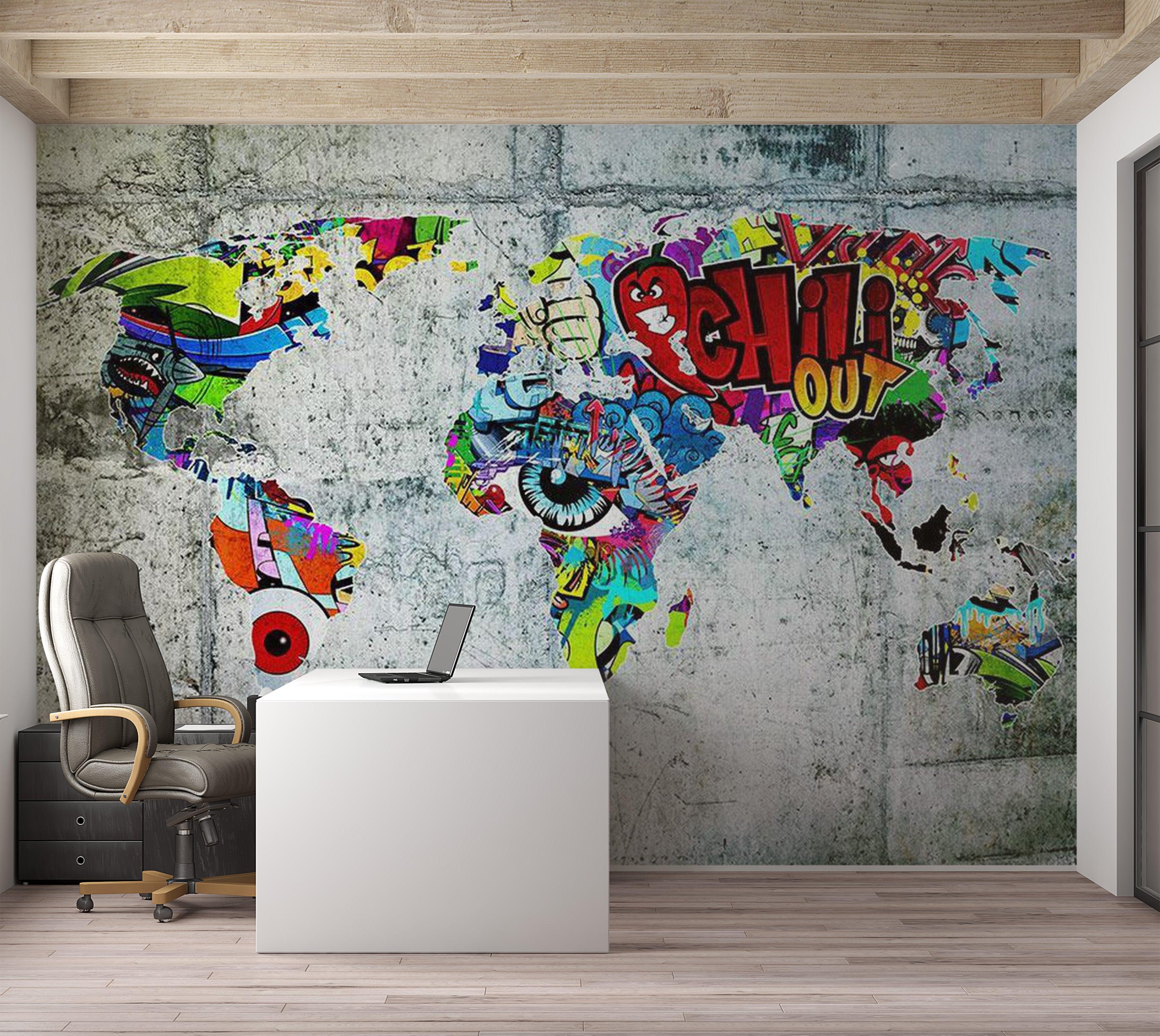 World Map Wallpaper Wall Mural - Map In Graffiti