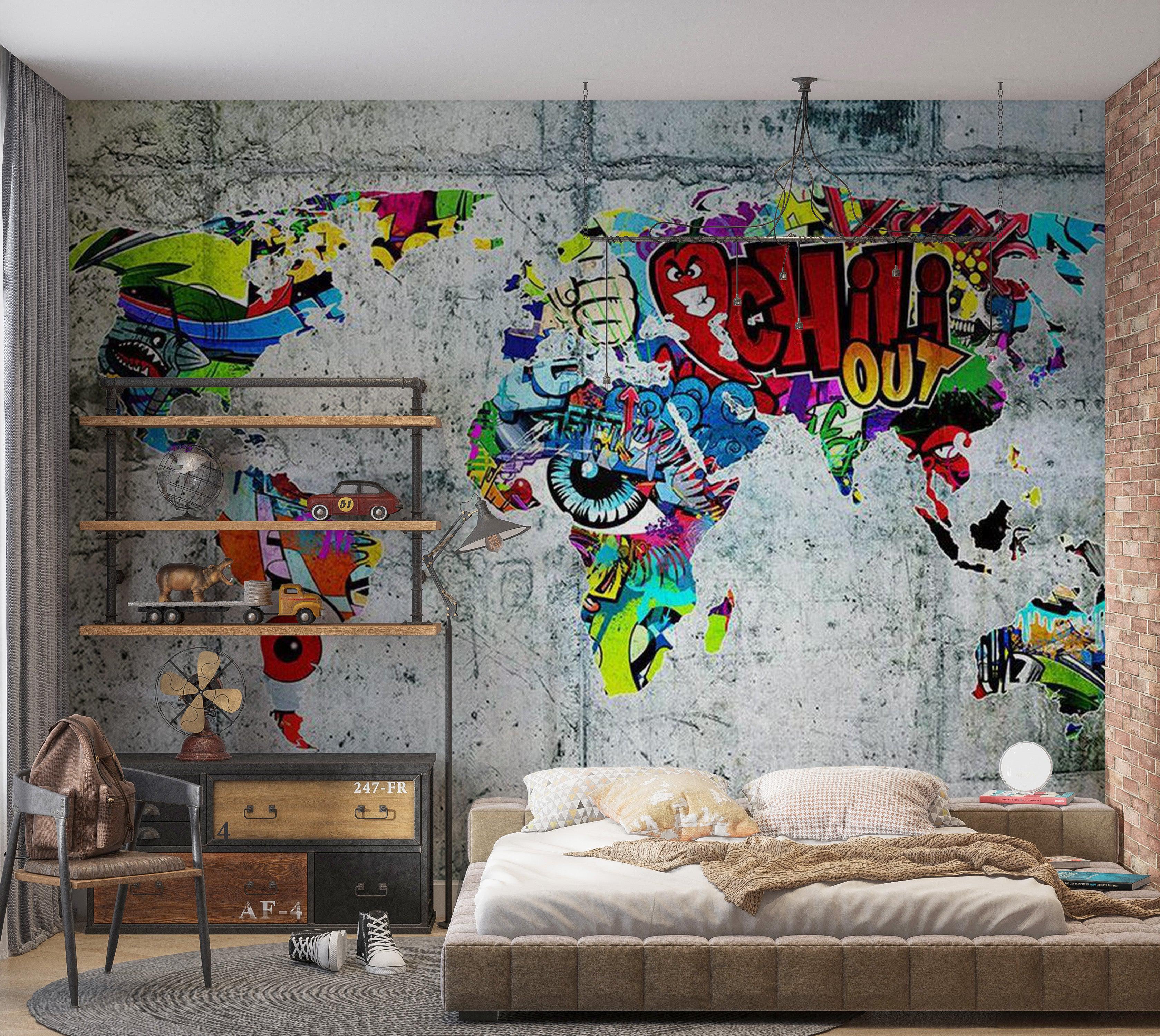 World Map Wallpaper Wall Mural - Map In Graffiti