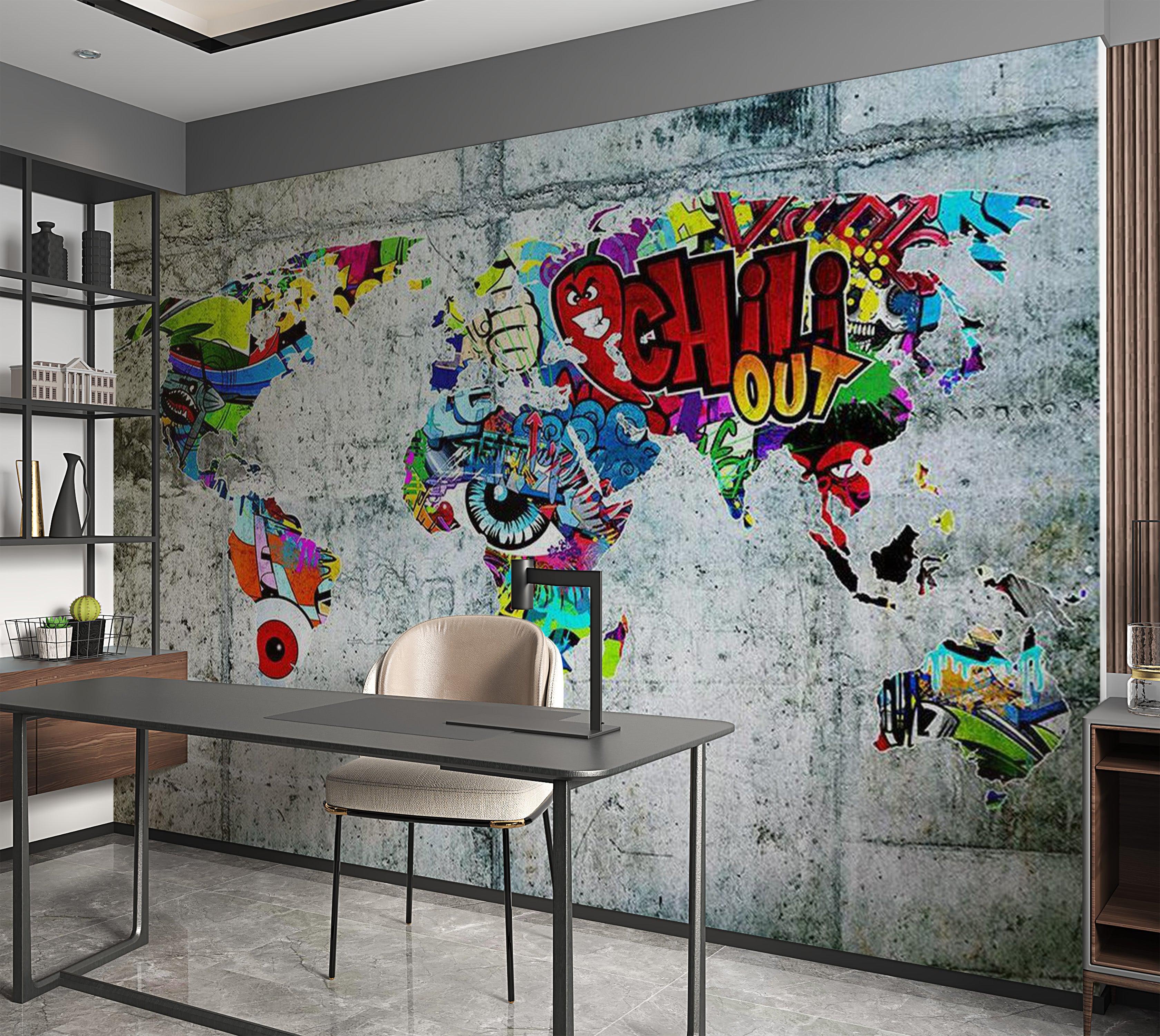 World Map Wallpaper Wall Mural - Map In Graffiti