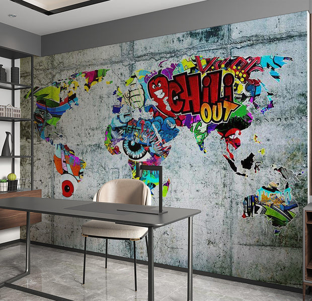 World Map Wallpaper Wall Mural - Map In Graffiti