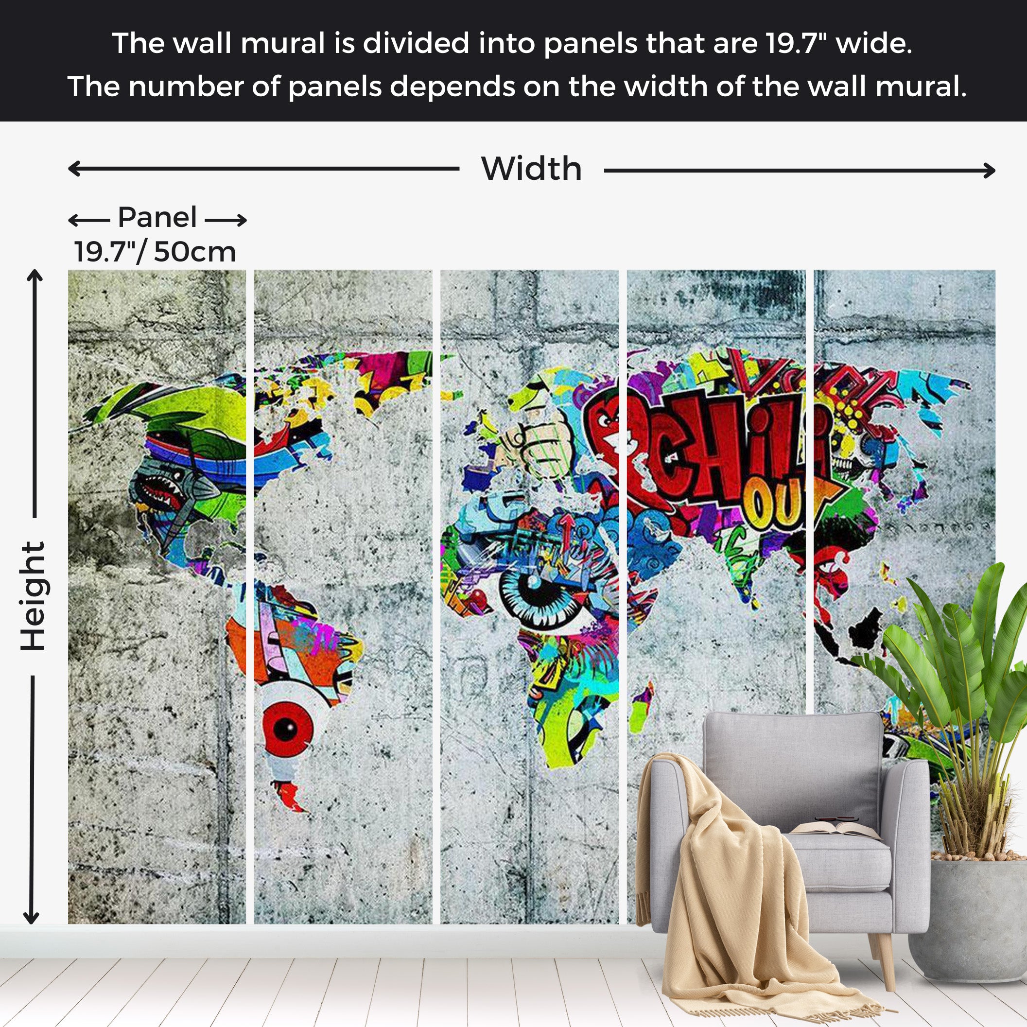 World Map Wallpaper Wall Mural - Map In Graffiti 39"Wx27"H