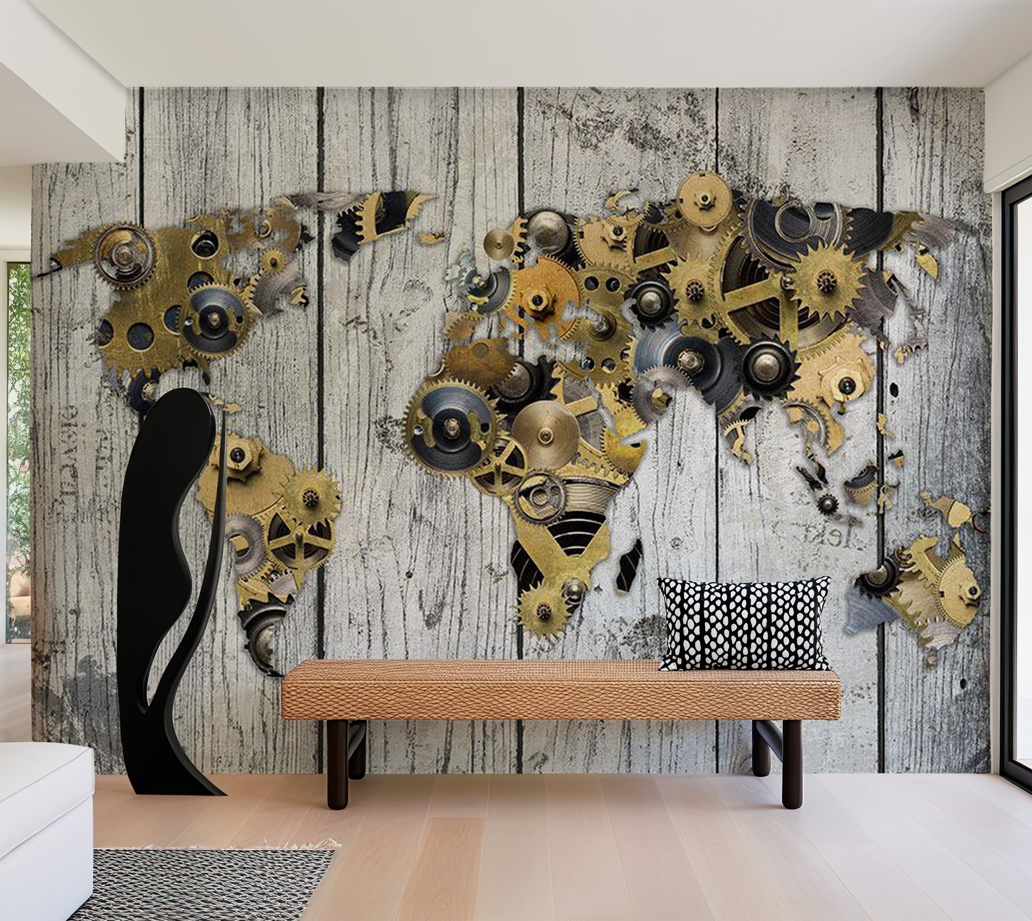 World Map Wallpaper Wall Mural - World In Gear Wheels 39"Wx27"H