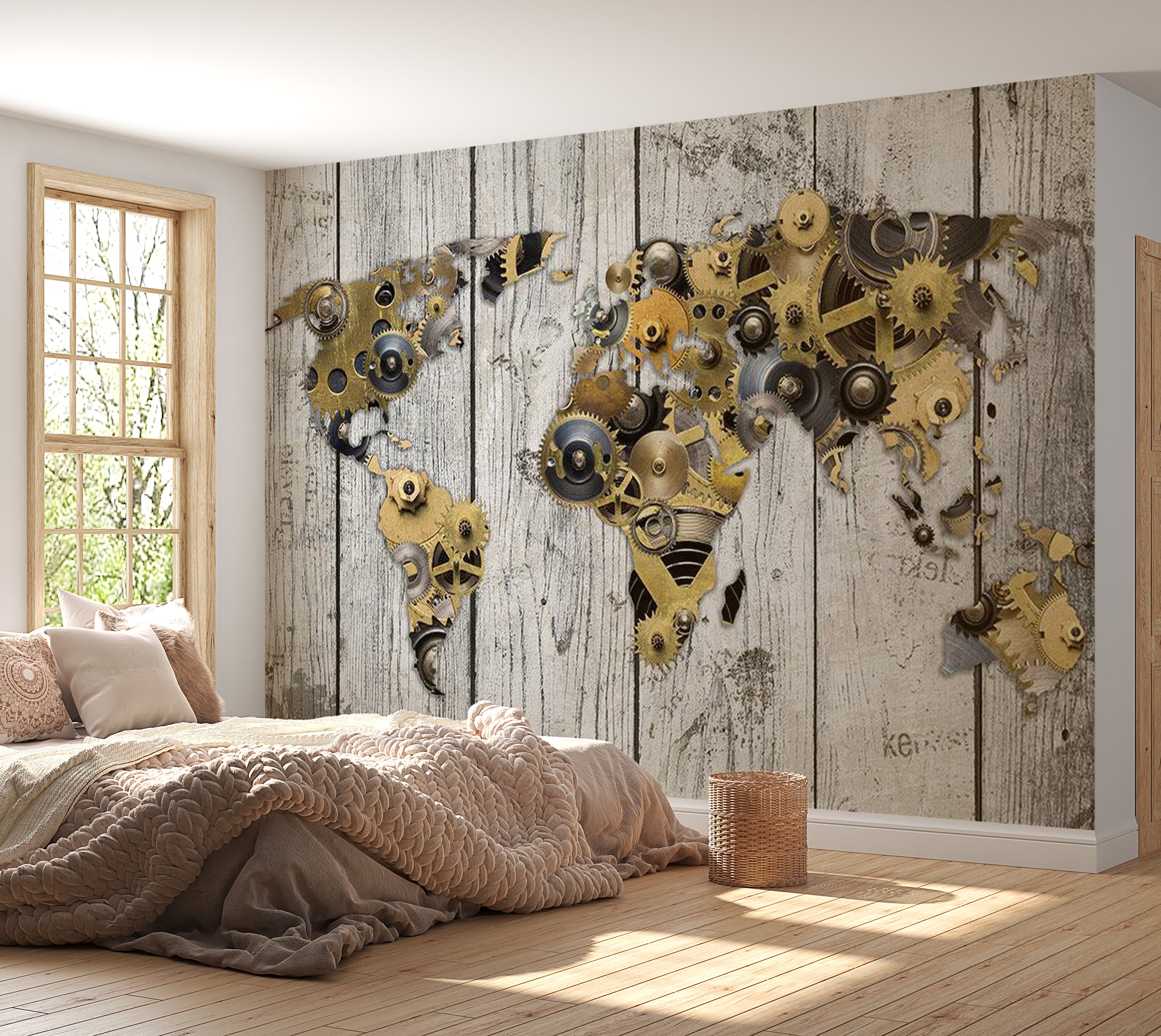 World Map Wallpaper Wall Mural - World In Gear Wheels 39"Wx27"H