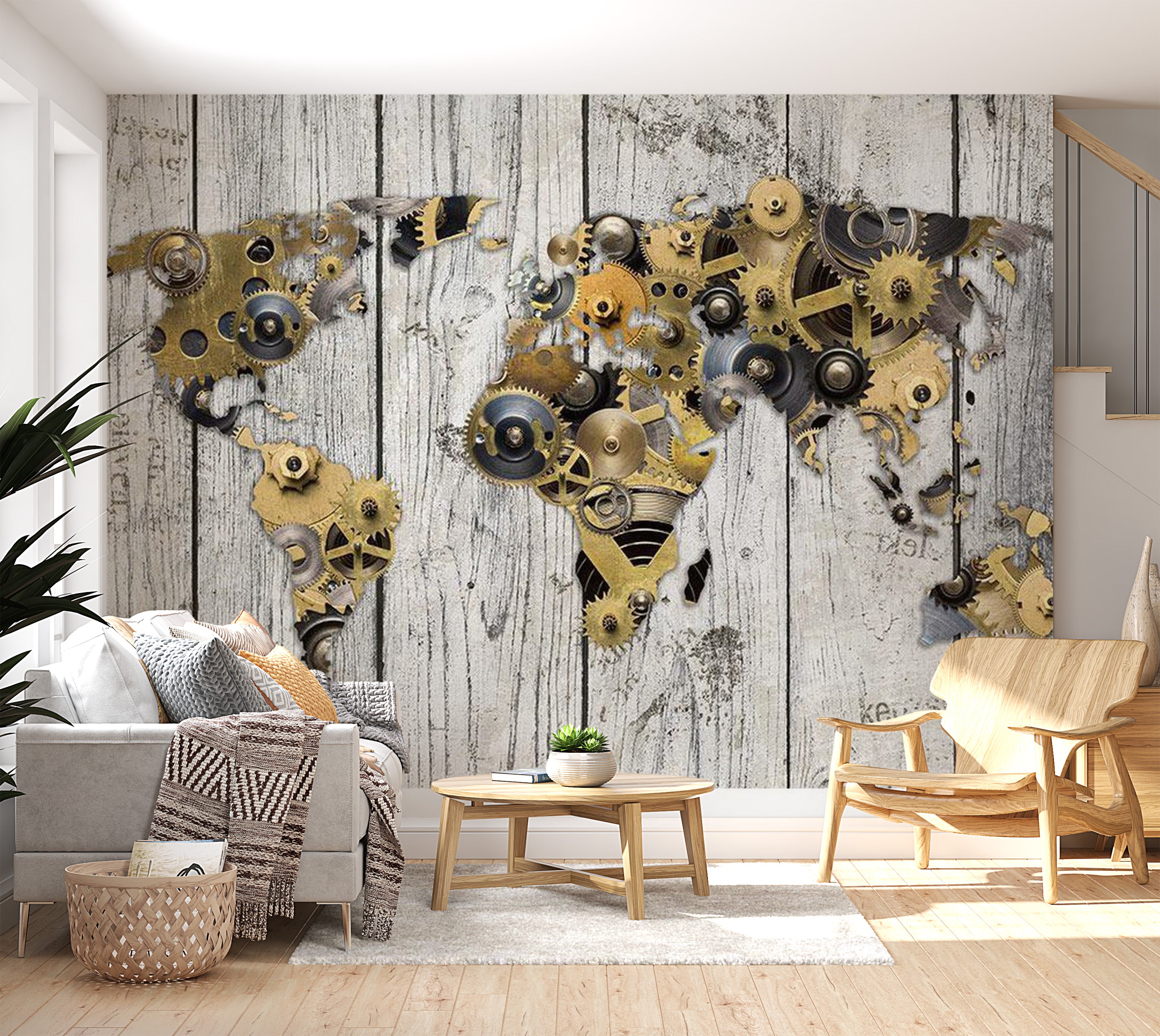 World Map Wallpaper Wall Mural - World In Gear Wheels 39"Wx27"H